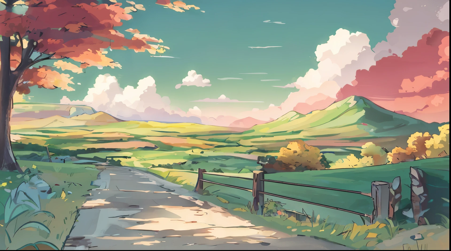 A picture of a road leading to a mountain range, anime countryside landscape, anime scenery wallpaper, anime background, anime scenery, beautiful anime scenery, anime background key visual, anime background art, anime scenery, Landscape Wallpapers, anime nature wallpap, anime movie background, Beautiful peace scenes in anime, landscape artwork, landscape wallpaper, Detailed Landscape - Width 672, anime nature