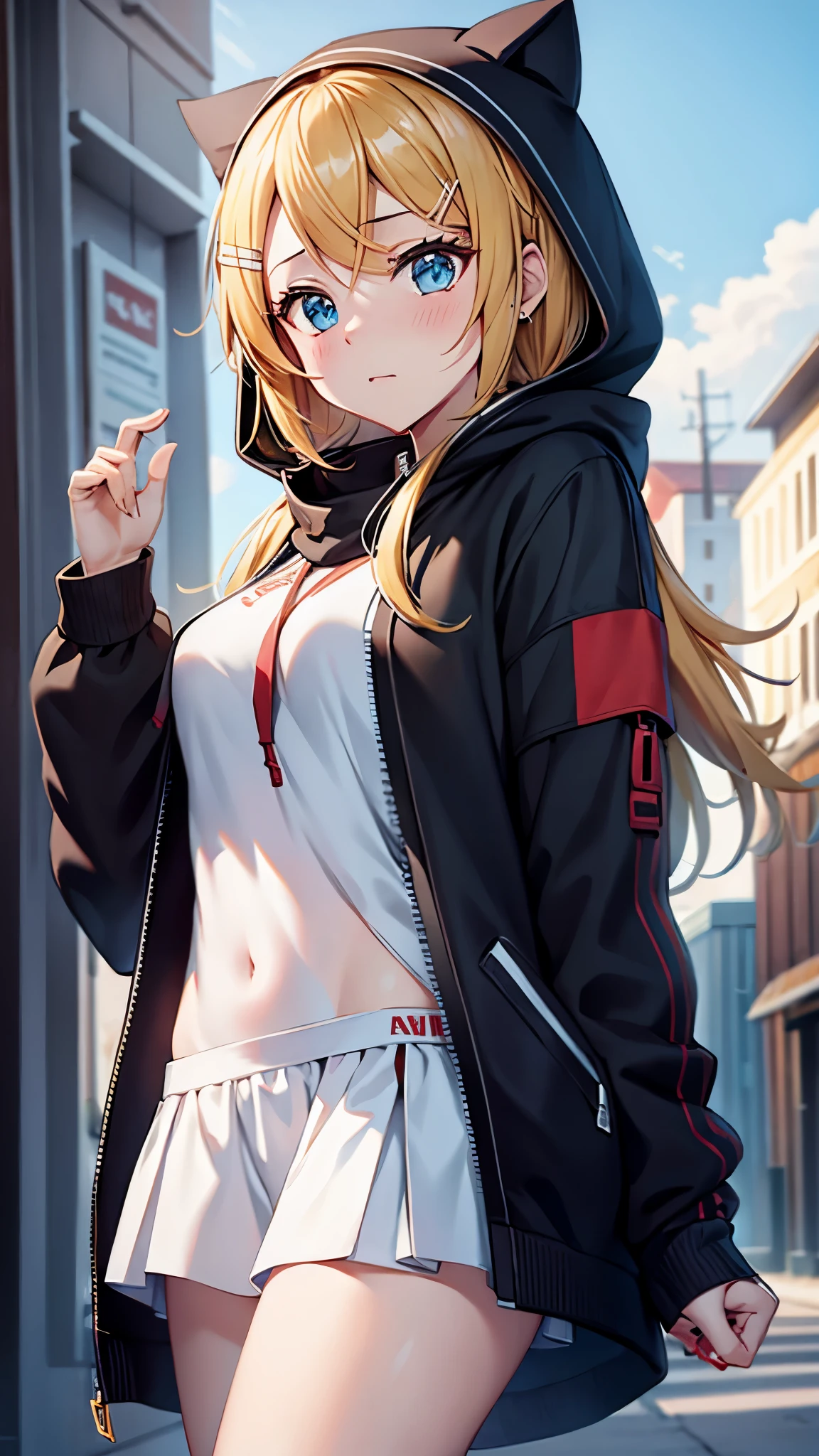 Kagamine rin , 1 girl , wearing a red hooded sweater , white miniskirt with gold horizontal lines , viendo al espectador , bragas visibles , rostro seductor ,(imagen de ultra alta calidad 8k ) obra maestra ( high-definition picture ) , maximum image resolution , ( detalles de la imagen bien definidos )