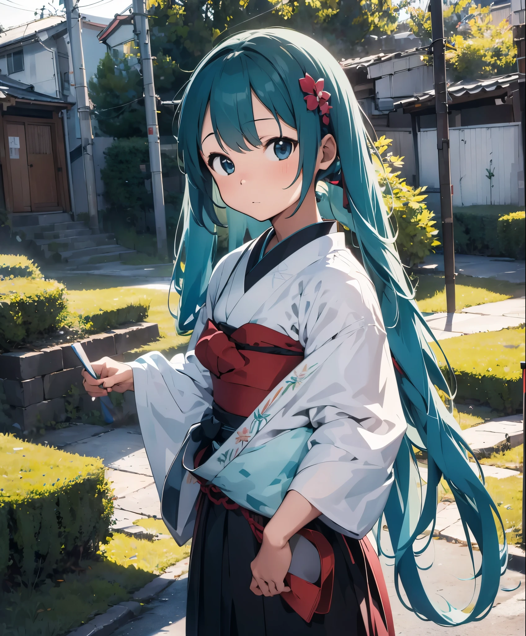 (masterpiece), (highest quality), ultra high resolution, sharp focus, ((1 female, alone)), Upper body, Hatsune Miku,Beating Japanese drums,hakama,Sarashi,Standing in honor, perfect feminine face,stage