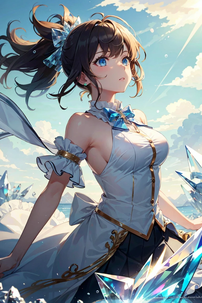 (masterpiece, best quality:1.3), (ultra detailed, illustration, disheveled hair, frills1.2), (1 girl), dynamic angle, big top sleeves, floating, beautiful detailed sky, on beautiful detailed water, beautiful detailed eyes, (overexposure:1.2), (fist), expressionless, side blunt bangs, hairs between eyes, ribbons, bowties, buttons, bare shoulders, (medium breast:1.3), detailed wet clothes, blank stare, pleated skirt,(crystallineAI:1.2)