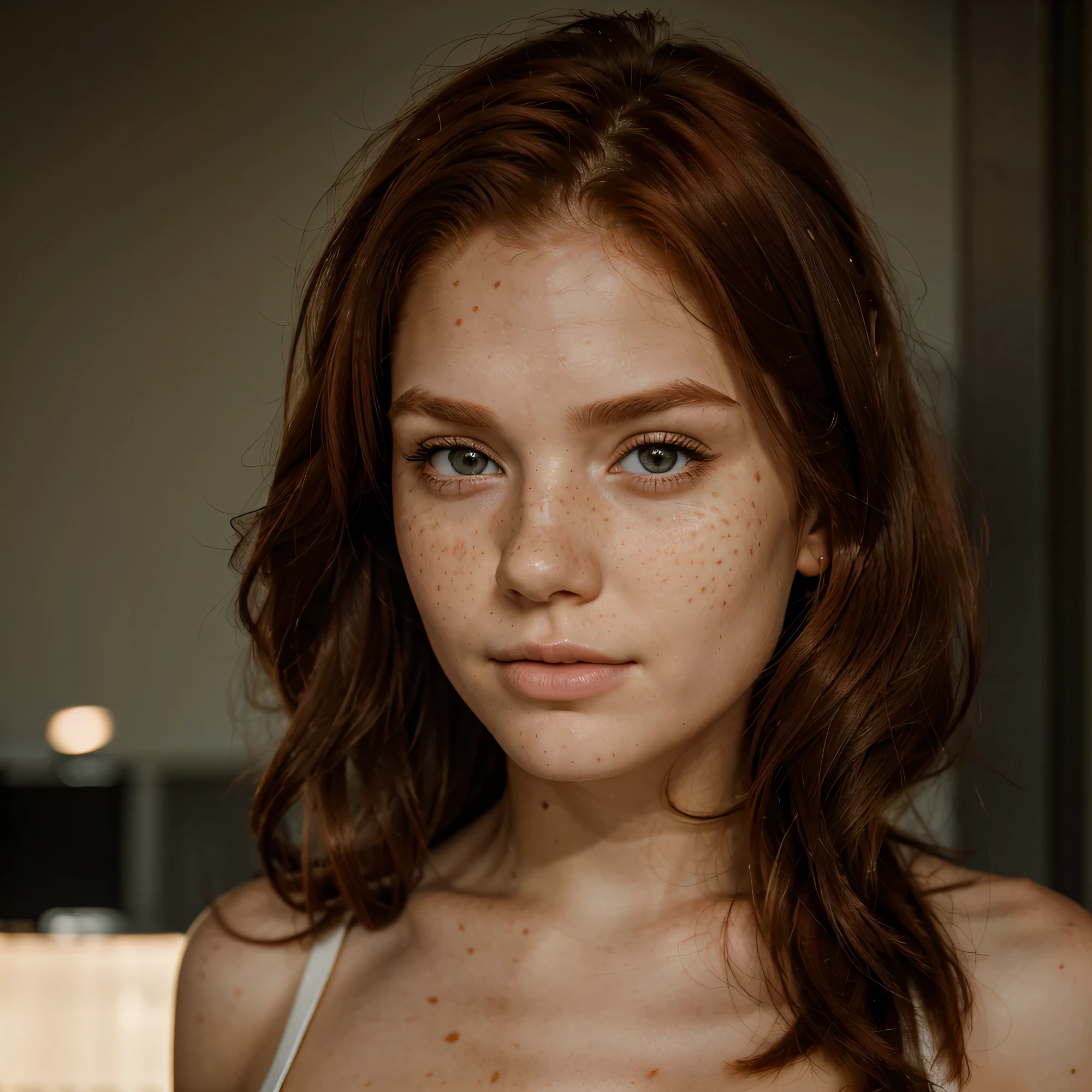 32k, HDR, RTX, photorealistic, 1 beautiful redhead woman with small freckles on her cheeks, ((cute, lips, red lipstick, long hair, looking at viewer, makeup, nose, realistic)), (completely naked body), redhead woman with freckles, raw photo,studio_shot,uhd, dslr, soft lighting, high quality, film grain, 1 woman, ((intense, detailed skin)), ((vibrant red hair)), stunning portrait, Best quality, high quality, realistic, artwork teacher, majestic ,Retrato de femshep de cabeza roja, vista desde el cuello hacia arriba, una foto realista de una mujer d4k0t4, pelo largo, mirando al espectador, fondo de ojo azul, By the chestnut, Fondo blanco, boca cerrada, retrato, realista, Soft lighting, professional photography, Photorealista, detallado, dentro de un fondo oscuro de Studio Room, fondo borroso, crudo, analogous thing, sharp focus, 8k, High Definition, DSLR, alta calidad, Fujifilm XT3, film grain, premiado, Obra maestra