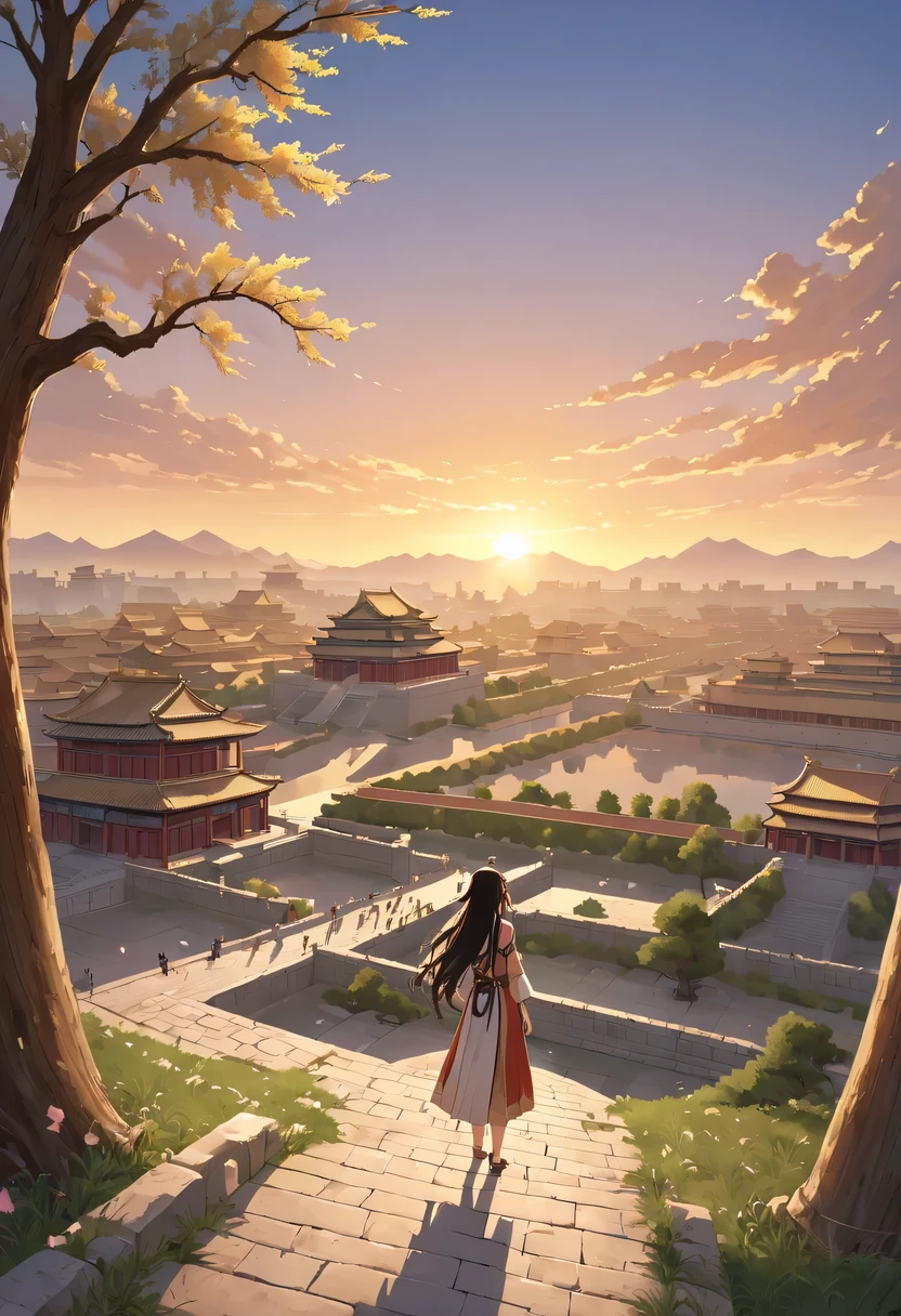 1 girl,模特拍照姿势站在ancient city房屋的顶端,flowing long hair,Gaze at the distant skyline,那Sunset余晖与古老的the forbidden city映造出一道美丽的风景,west wind blows girl'Long hair on the ancient road,the forbidden city,Sunset,Sunset,cloud,fallen flowers,ancient city,dead tree,mottled,grassland,Silent and desolate,