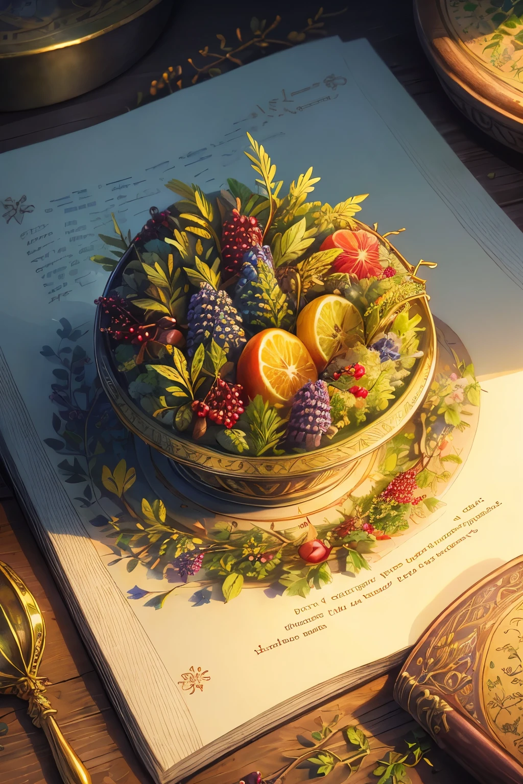 "(best quality,ultra-detailed,realistic:1.37),illustrative,medieval herb manuscript page,detailed illustrations of herbs,berries and fruits,complex text,aerial view,centered,no people"