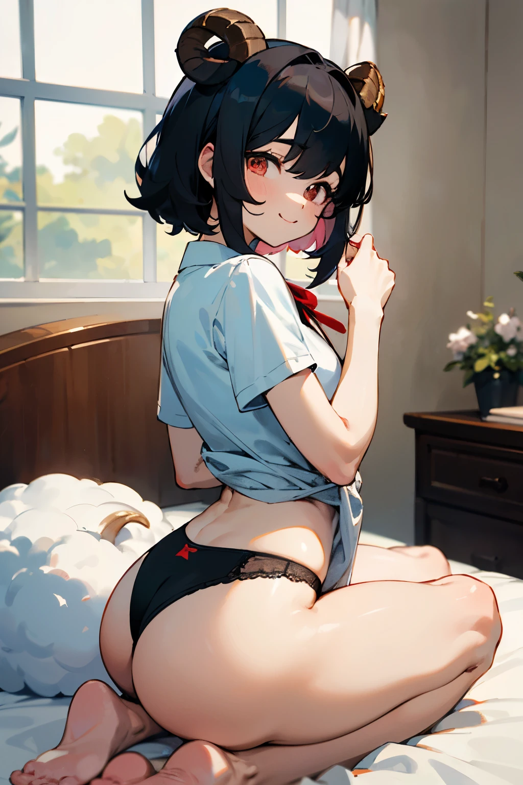 (((masterpiece))),highres,absurdres,(((best quality))),official art,perfect lighting,looking at viewer,aquarium,indoors,
1boy, femboy, light smile, thin waist, sheep ears, sheep horns, sheep boy, cut curvy hair, black hair, red eyes, angelic eyes, round eyes, pastel color, (PastelColors: 1.3), cute shirt, black panties , red little ribbon, small volume in underwear, random pose, face focus, ((sharpness)), sitting on the bed, (perfect hands), wide hips, voluminous ass 