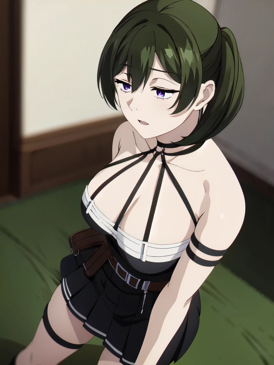 ubel, medium hair, hair between eyes, green hair, side ponytail, (purple eyes:1.1),skirt, gloves, dress, bare shoulders, pleated skirt, sleeveless, black gloves, elbow gloves, belt, miniskirt, black skirt, black footwear, (black dress:1.5), thigh strap, sleeveless dress, halterneck, armband, single glove, black belt, pleated dress, arm strap,NSFW、白色のパンティが見える、POV、美乳