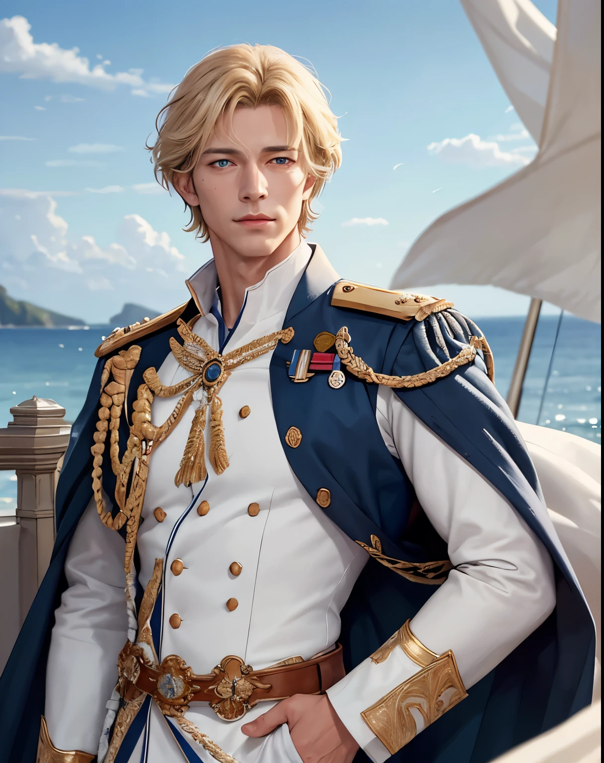 (masterpiece, best quality), 1 male, mature, aged up:1.4, tall muscular guy, broad shoulders, finely detailed eyes and detailed face, extremely detailed CG unity 8k wallpaper, intricate details, Fantasy, royal, nobleman, Admiral, short hair, blonde hair, blue eyes, fleet commander, navy, commander, white uniform, ocean, cloudy sky, wave