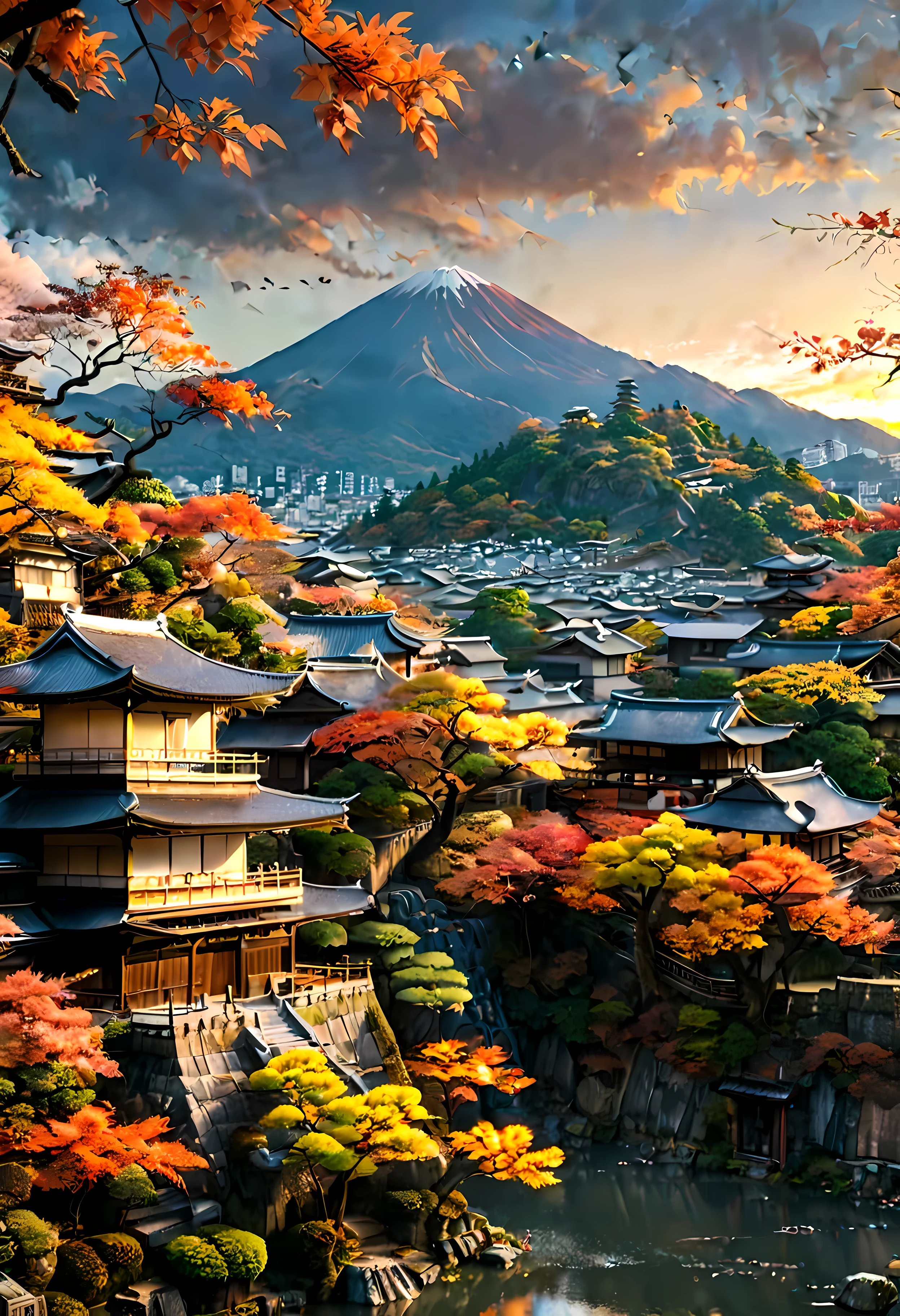 Red Fall Tree at park terrace overlooks Ancient city of Kyoto with view of the mountain, mesmerizing ancient city landscape bathed by Sunset light,((golden hour time):1.2),((Japanese ancient city):1.2),((Sunset sky at autumn):1.1),delicate golden hour light, amazing wallpapers, beautiful surroundings, optimistic matte painting, Beautiful digital artwork, Japanese ancient city background, Beautiful and detailed scenes, UHD underground, UHD landscape, Majestic concept art, beautiful Ancient City. |(Masterpiece in maximum 16K resolution), the best quality, (very detailed CG unity 16k wallpaper quality),(Soft colors 16k highly detailed digital art),Super Detailed. | Perfect image,16k UE5,official painting, superfine, Depth of field, no contrast, clean sharp focus, professional, No blurring. | (((More detail))).