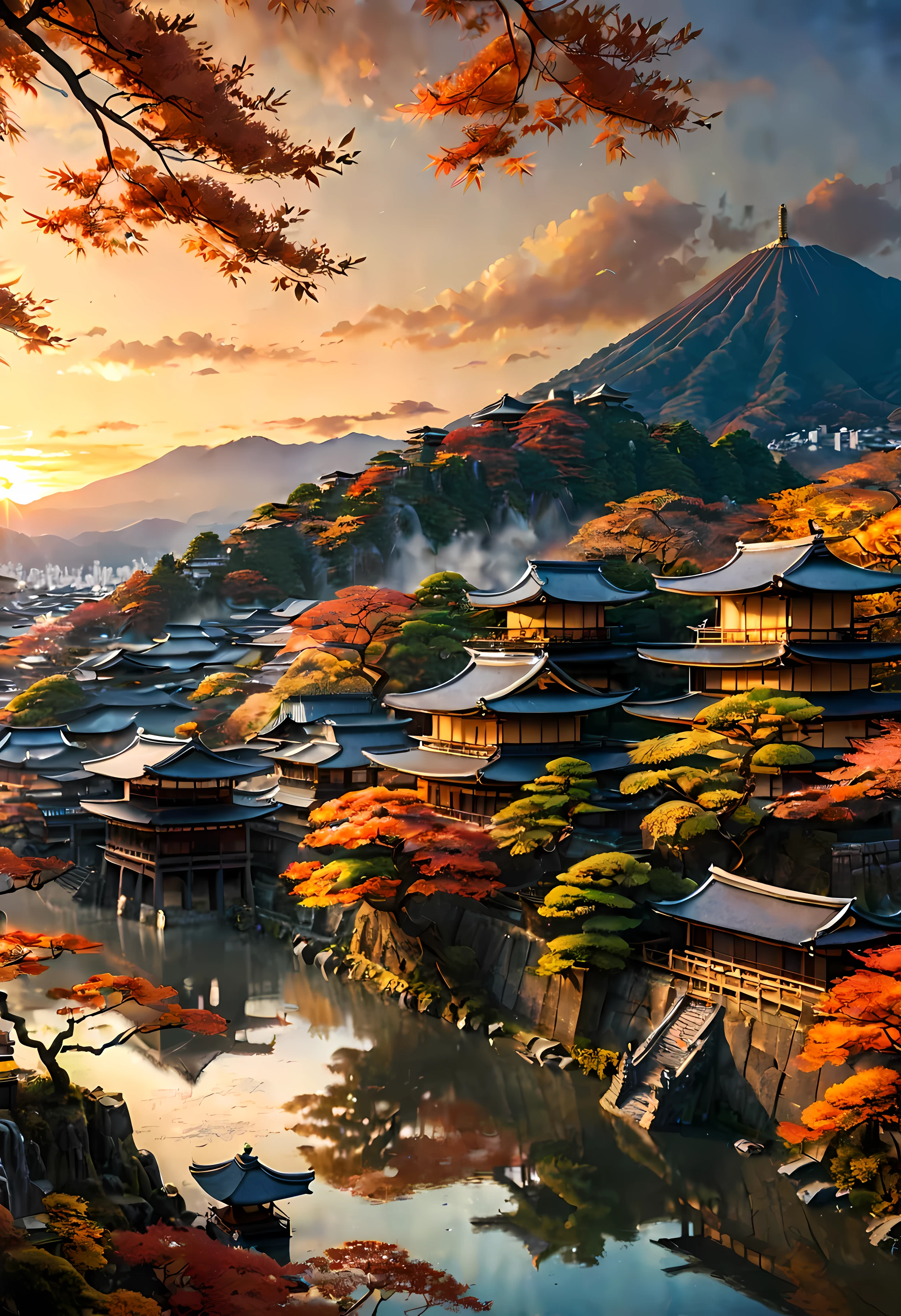 Red Fall Tree at park terrace overlooks Ancient city of Kyoto with view of the mountain, mesmerizing ancient city landscape bathed by Sunset light,((golden hour time):1.2),((Japanese ancient city):1.2),((Sunset sky at autumn):1.1),delicate golden hour light, amazing wallpapers, beautiful surroundings, optimistic matte painting, Beautiful digital artwork, Japanese ancient city background, Beautiful and detailed scenes, UHD underground, UHD landscape, Majestic concept art, beautiful Ancient City. |(Masterpiece in maximum 16K resolution), the best quality, (very detailed CG unity 16k wallpaper quality),(Soft colors 16k highly detailed digital art),Super Detailed. | Perfect image,16k UE5,official painting, superfine, Depth of field, no contrast, clean sharp focus, professional, No blurring. | (((More detail))).