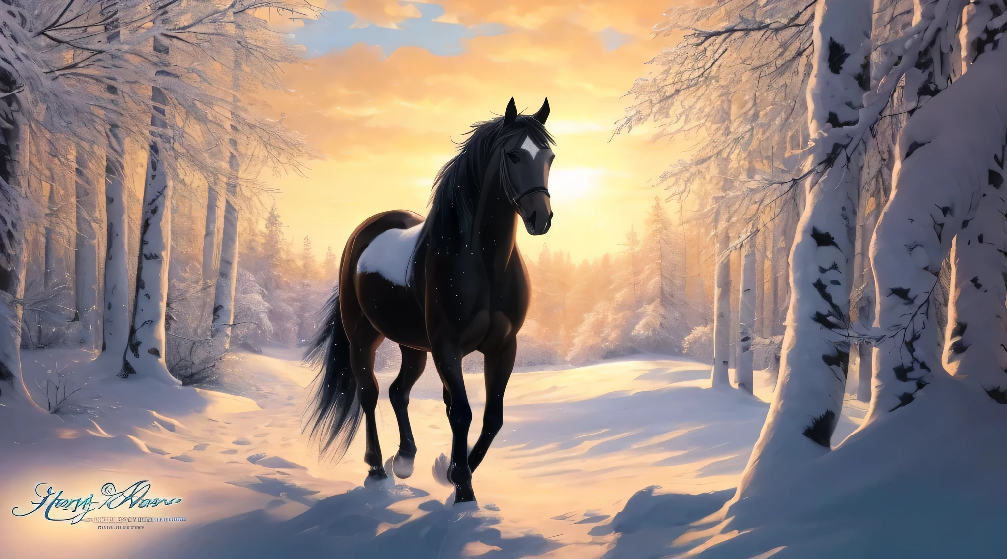painting of a horse in a snowy forest at sunset, beautiful horse, beautiful serene horse, inspired by John Frederick Herring, Sr., beautiful digital painting, majestic horses, beautiful!, galloping through the forest, gorgeous digital painting, beautiful digital art, horse, very beautiful digital art, stunning digital painting, high quality hd digital art, beautiful digital artwork, hd wallpaper