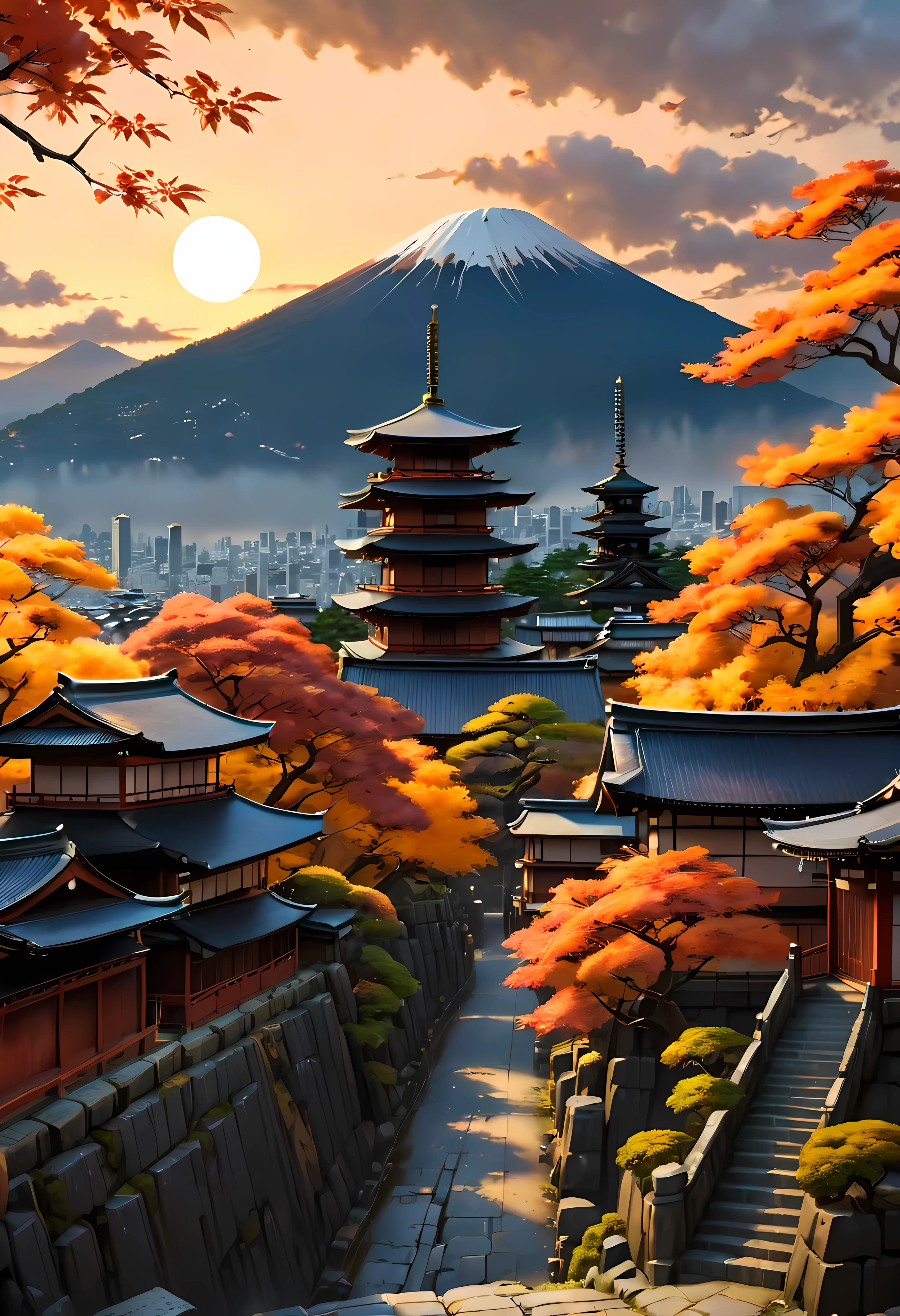 Red Fall Tree at park terrace overlooks Ancient city of Kyoto with view of the mountain, mesmerizing ancient city landscape bathed by Sunset light,((golden hour time):1.2),((Japanese ancient city):1.2),((Sunset sky at autumn):1.1),delicate golden hour light, amazing wallpapers, beautiful surroundings, optimistic matte painting, Beautiful digital artwork, Japanese ancient city background, Beautiful and detailed scenes, UHD underground, UHD landscape, Majestic concept art, beautiful Ancient City. |(Masterpiece in maximum 16K resolution), the best quality, (very detailed CG unity 16k wallpaper quality),(Soft colors 16k highly detailed digital art),Super Detailed. | Perfect image,16k UE5,official painting, superfine, Depth of field, no contrast, clean sharp focus, professional, No blurring. | (((More detail))).