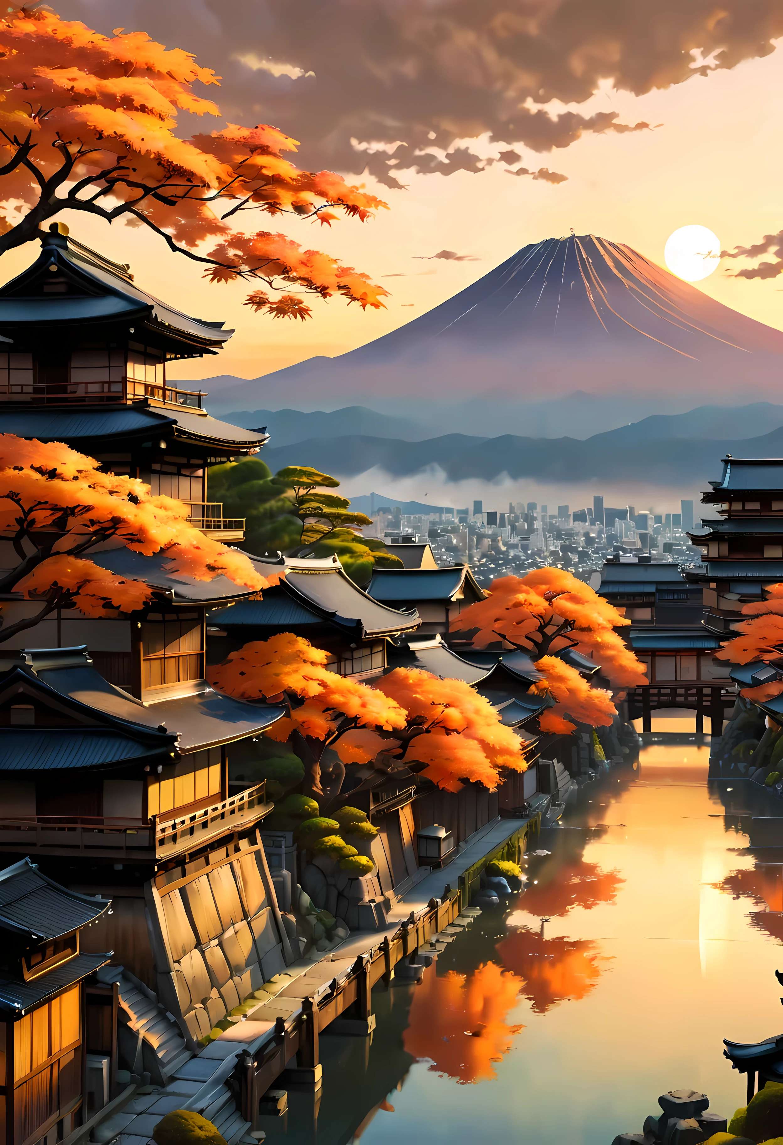 Red Fall Tree at park terrace overlooks Ancient city of Kyoto with view of the mountain, mesmerizing ancient city landscape bathed by Sunset light,((golden hour time):1.2),((Japanese ancient city):1.2),((Sunset sky at autumn):1.1),delicate golden hour light, amazing wallpapers, beautiful surroundings, optimistic matte painting, Beautiful digital artwork, Japanese ancient city background, Beautiful and detailed scenes, UHD underground, UHD landscape, Majestic concept art, beautiful Ancient City. |(Masterpiece in maximum 16K resolution), the best quality, (very detailed CG unity 16k wallpaper quality),(Soft colors 16k highly detailed digital art),Super Detailed. | Perfect image,16k UE5,official painting, superfine, Depth of field, no contrast, clean sharp focus, professional, No blurring. | (((More detail))).