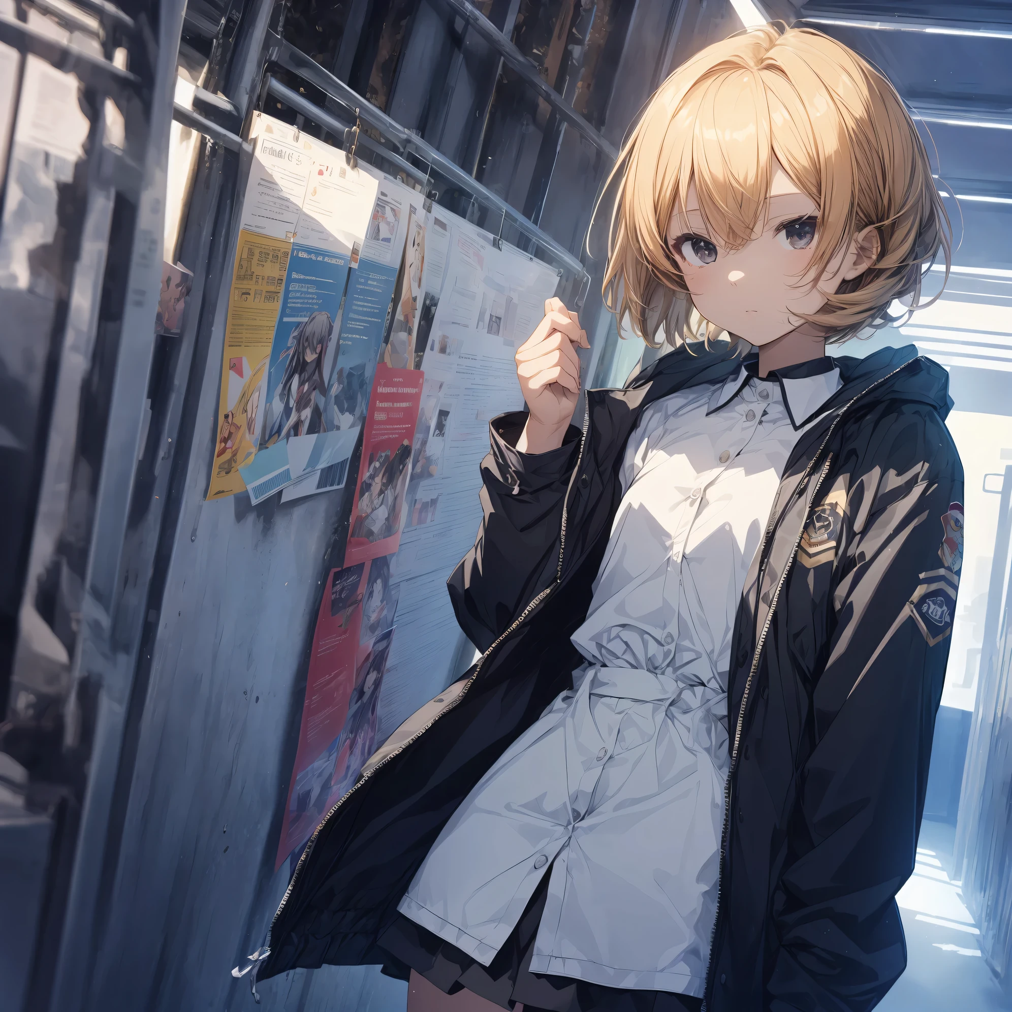 Super high quality by the art god, super detailed, High resolution, Shinkai Makoto style, anime moe art style, best anime 8K konachan wallpaper, pixiv contest winner, perfect anatomy, break,(眠そうにalone学校へ行く女の子を描いてください. ),break, surreal high school girl, (alone,lolita, , :1.3),All limbs, full finger,, androgynous charm, (very short hair), messy hair, flat chest, , small ass, between legs, Small black eyes,hanme,beautiful and fine eyes, Well-proportioned iris and pupils, disgusted eyes, High resolutionの詳細な髪, wearing school uniform, (skirt), On the way to school. break,super dense skin, Best lighting by famous artists, 8K, cute illustration,UHD, rough skin