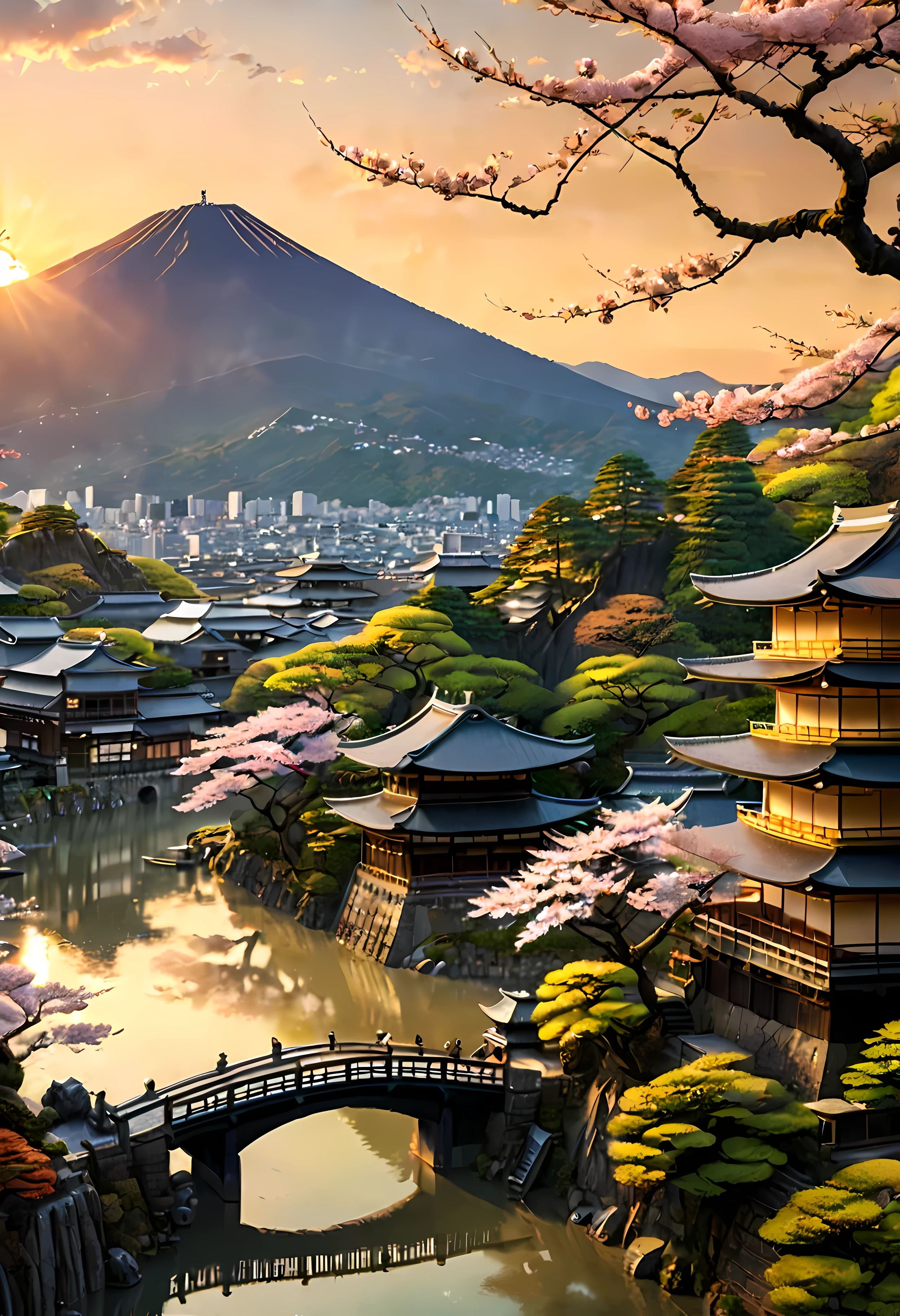 Sakura Tree at park terrace overlooks Ancient city of Kyoto with view of the mountain, mesmerizing ancient city landscape bathed by Sunset light,((golden hour time):1.2),((Japanese ancient city):1.2),((Sunset sky at spring):1.1),delicate golden hour light, amazing wallpapers, beautiful surroundings, optimistic matte painting, Beautiful digital artwork, Japanese ancient city background, Beautiful and detailed scenes, UHD underground, UHD landscape, Majestic concept art, beautiful Ancient City. |(Masterpiece in maximum 16K resolution), the best quality, (very detailed CG unity 16k wallpaper quality),(Soft colors 16k highly detailed digital art),Super Detailed. | Perfect image,16k UE5,official painting, superfine, Depth of field, no contrast, clean sharp focus, professional, No blurring. | (((More detail))).