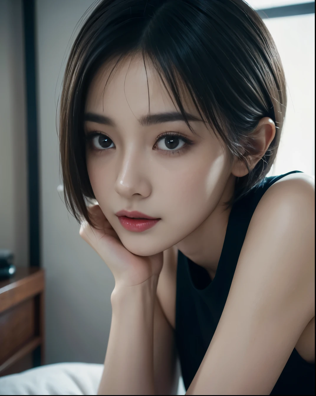 ((masterpiece、highest quality、Super detailed、High resolution、realistic、sharp focus、cinematic lighting))、(1 girl)、bust shot、(black hair、boyish short hair、high top fade、all back)、beautiful face、beautiful hairstyle、symmetrical eyes、beautiful eyes、beautiful skin、smile、attractive appearance、fold your arms、punkロックファッション、view audience、punk