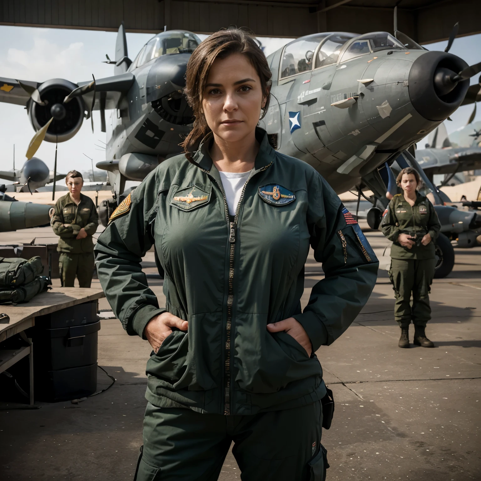 portrait of a middle aged woman with her hands in her pockets and saggy tits, surrounded by war fighter pilots and their planes in protective clothes.