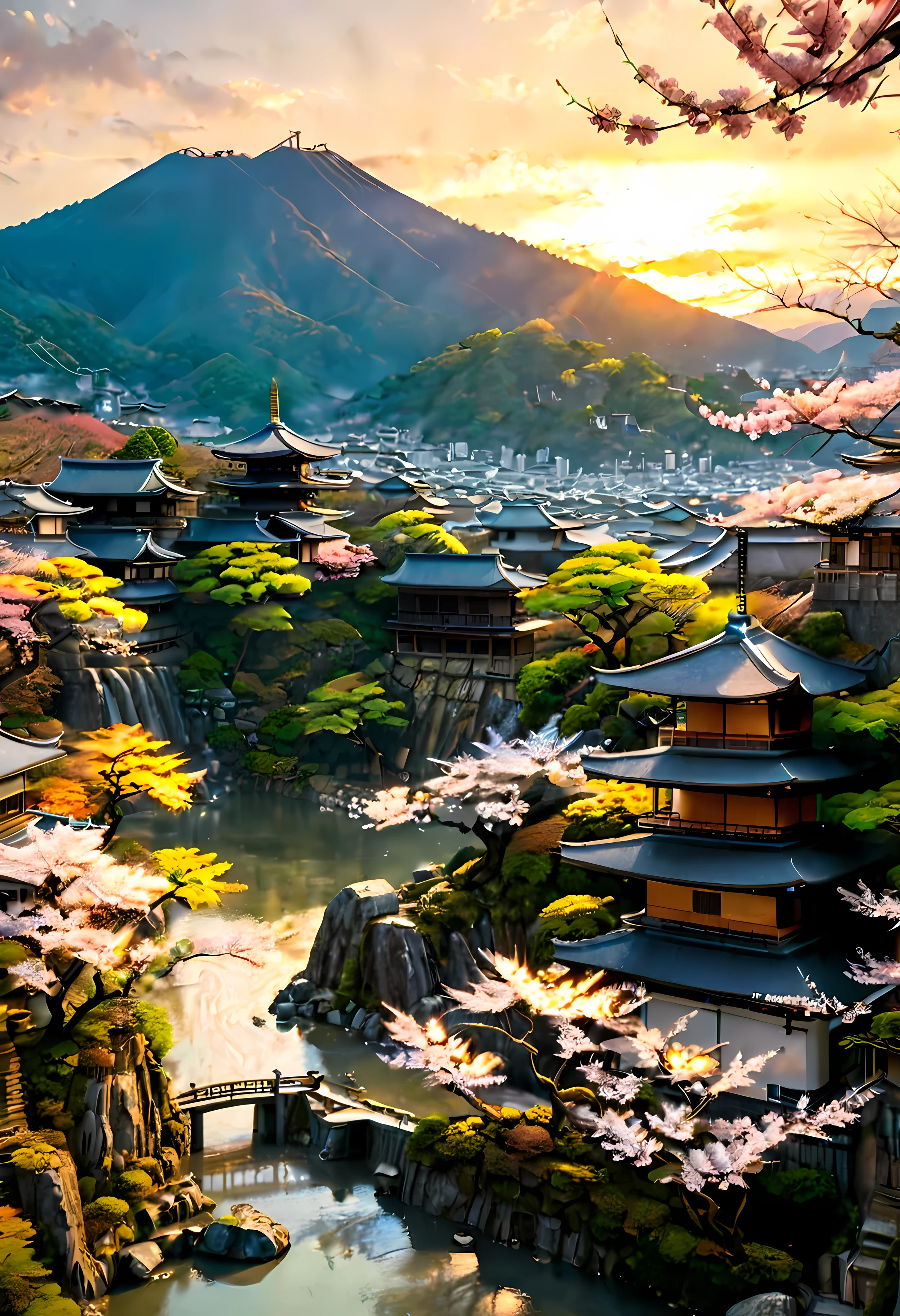 Sakura Tree at park terrace overlooks Ancient city of Kyoto with view of the mountain, mesmerizing ancient city landscape bathed by Sunset light,((golden hour time):1.2),((Japanese ancient city):1.2),((Sunset sky at spring):1.1),delicate golden hour light, amazing wallpapers, beautiful surroundings, optimistic matte painting, Beautiful digital artwork, Japanese ancient city background, Beautiful and detailed scenes, UHD underground, UHD landscape, Majestic concept art, beautiful Ancient City. |(Masterpiece in maximum 16K resolution), the best quality, (very detailed CG unity 16k wallpaper quality),(Soft colors 16k highly detailed digital art),Super Detailed. | Perfect image,16k UE5,official painting, superfine, Depth of field, no contrast, clean sharp focus, professional, No blurring. | (((More detail))).