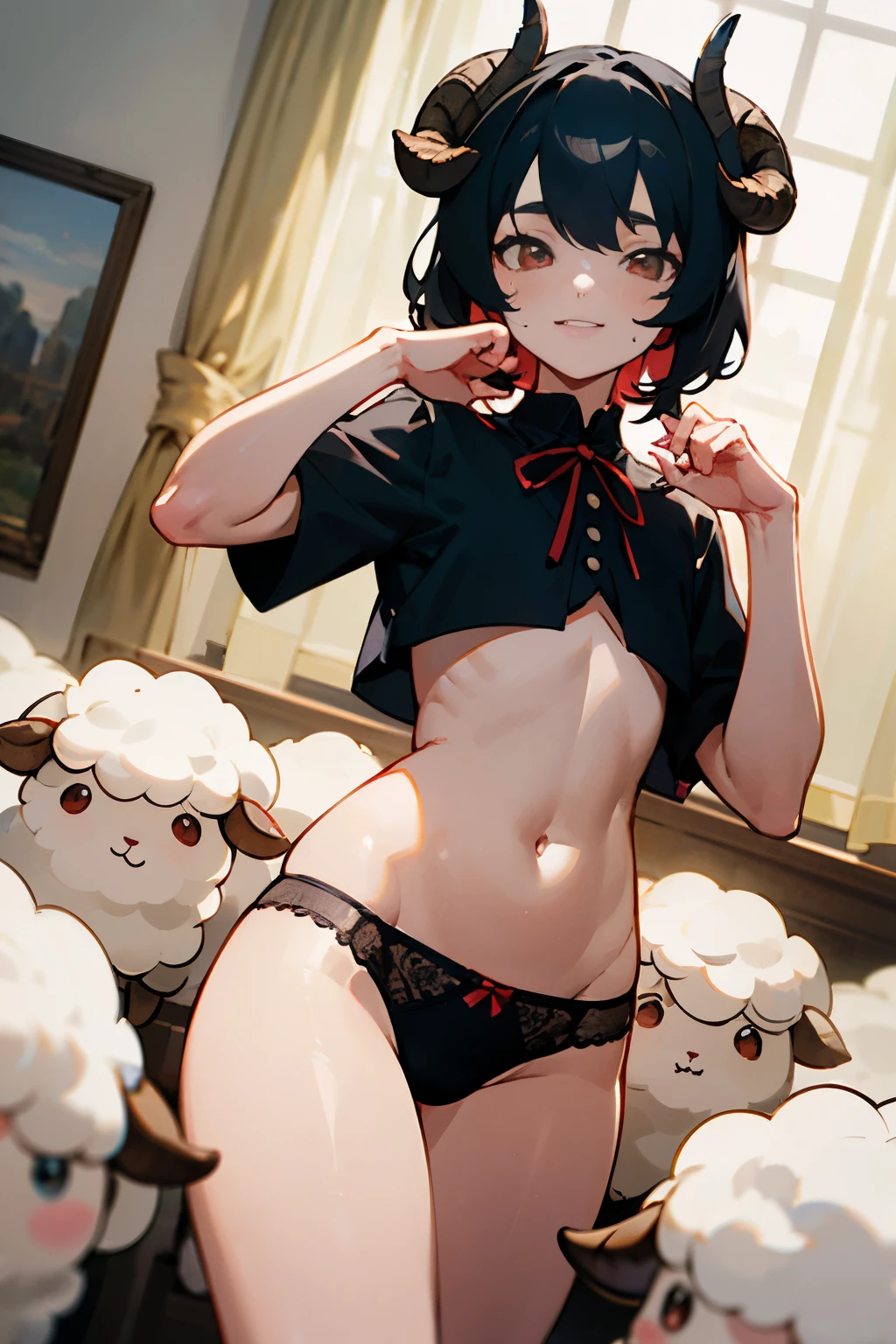 (((masterpiece))),highres,absurdres,(((best quality))),official art,perfect lighting,looking at viewer,aquarium,indoors,
1boy, femboy, light smile, thin waist, sheep ears, sheep horns, sheep boy, cut curvy hair, black hair, red eyes, angelic eyes, round eyes, pastel color, (PastelColors: 1.3), cute shirt, black panties , red little ribbon, small volume in underwear, random pose, face focus, ((sharpness)), (perfect hands), wide hips