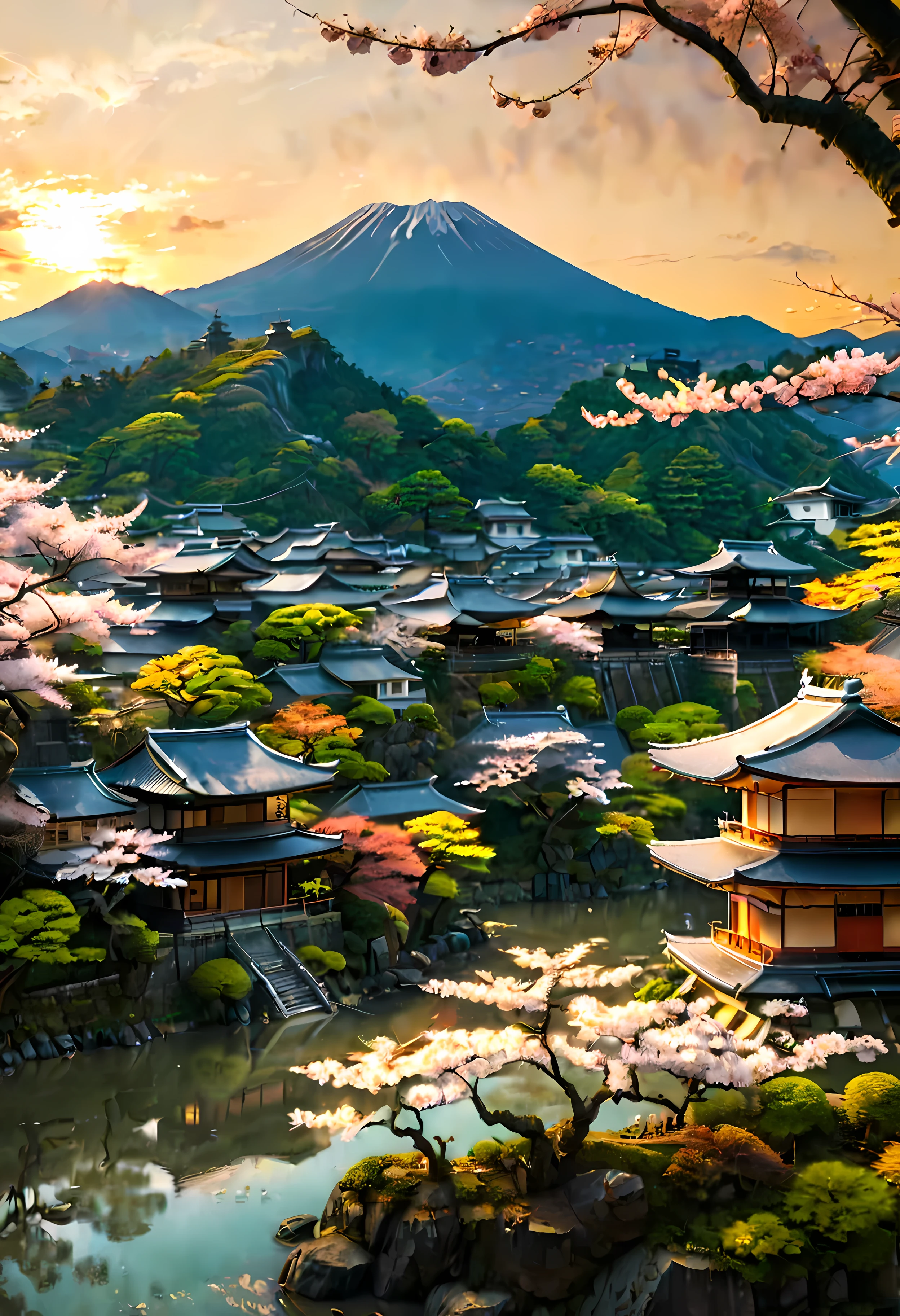 Sakura Tree at park terrace overlooks Ancient city of Kyoto with view of the mountain, mesmerizing ancient city landscape bathed by Sunset light,((golden hour time):1.2),((Japanese ancient city):1.2),((Sunset sky at spring):1.1),delicate golden hour light, amazing wallpapers, beautiful surroundings, optimistic matte painting, Beautiful digital artwork, Japanese ancient city background, Beautiful and detailed scenes, UHD underground, UHD landscape, Majestic concept art, beautiful Ancient City. |(Masterpiece in maximum 16K resolution), the best quality, (very detailed CG unity 16k wallpaper quality),(Soft colors 16k highly detailed digital art),Super Detailed. | Perfect image,16k UE5,official painting, superfine, Depth of field, no contrast, clean sharp focus, professional, No blurring. | (((More detail))).