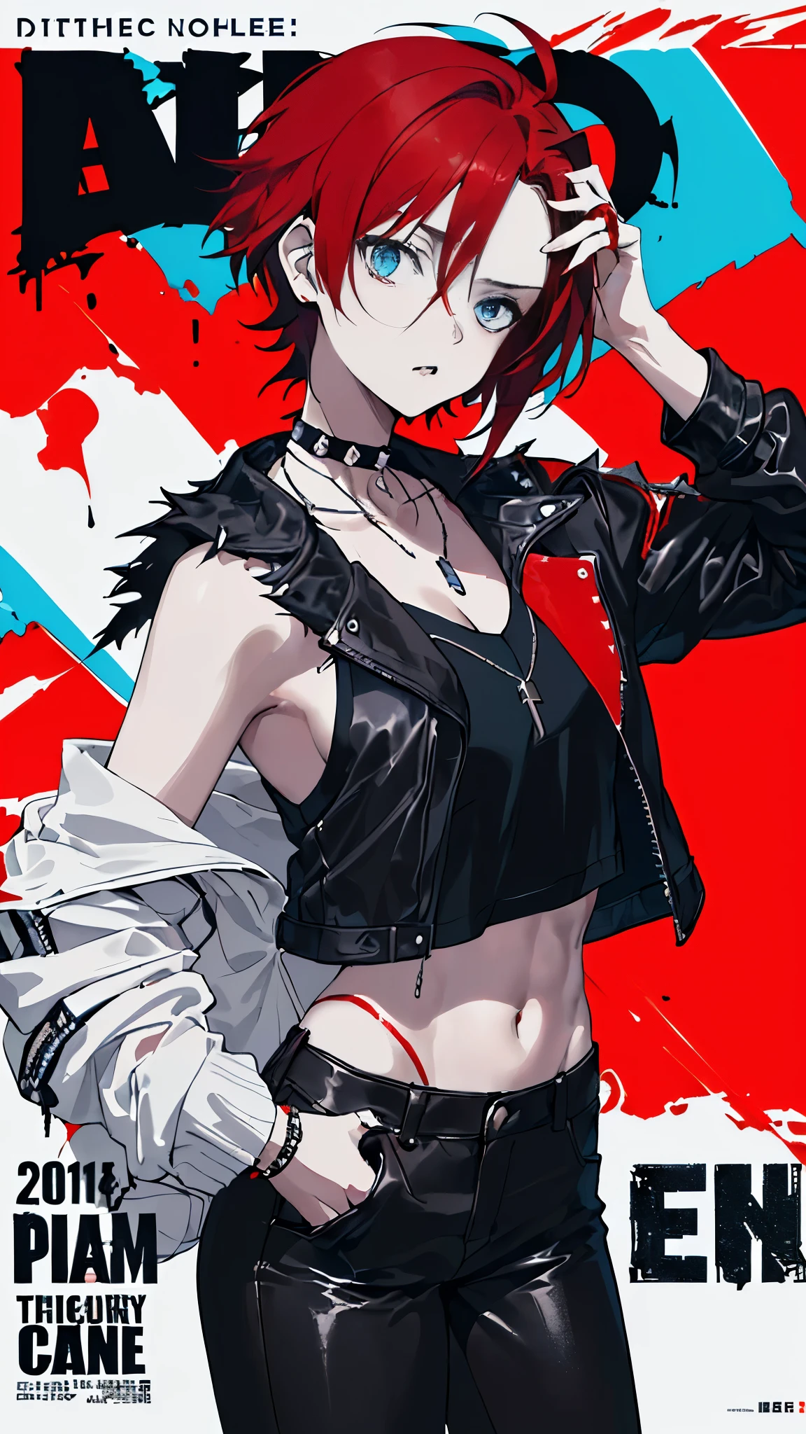((((dramatic))), (((gritty))), (((intense))) film poster featuring a teenage girl with side-swept short red hair with ahoge and blue eyes as the central character. She stands confidently in the center of the poster, wearing a red leather jacket with a black shirt underneath, black pants, a spiked choker, a necklace with three roses and gothic accessories, with a worried expression on her face. The background is dark and gritty, with a sense of danger and intensity. The color palette is mainly dark with splashes of vibrant colors, giving the poster a dynamic and visually striking appearance,tachi-e (magazine:1.3), (cover-style:1.3), fashionable, woman, vibrant, outfit, posing, front, colorful, dynamic, background, elements, confident, expression, holding, statement, accessory, majestic, coiled, around, touch, scene, text, cover, bold, attention-grabbing, stylish, catchy, larger, striking, modern, trendy, focus, fashion,