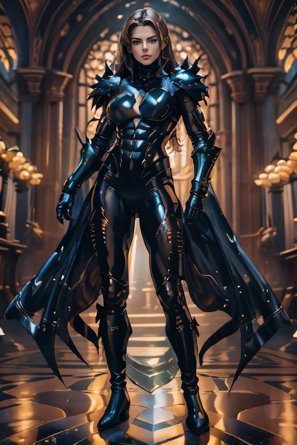 Witchblade Style,1 woman 30yol,eva mendes, solo, long hair, large breasts, brown hair, new yor aisle dark background, cleavage, very long hair,brown eyes, boots, armor, cowby-shot, shoulder armor, clenched hand, pauldrons, bikini armor masterpiece, best quality, ultra detailed, official art,extremely detailed CG unity 8k wallpaper, perfect lighting,Colorful, Bright_face_Lighting,shiny skin, (masterpiece:1.0),(best_quality:1.0), ultra high res,4K,ultra-detailed, photography, 8K, HDR, highres, (absurdres:1.2), Kodak portra 400, film grain, blurry background, (bokeh:1.2), lens flare, (vibrant_color:1.2),professional photograph, (beautiful_face:1.5) red latex suit under armor
