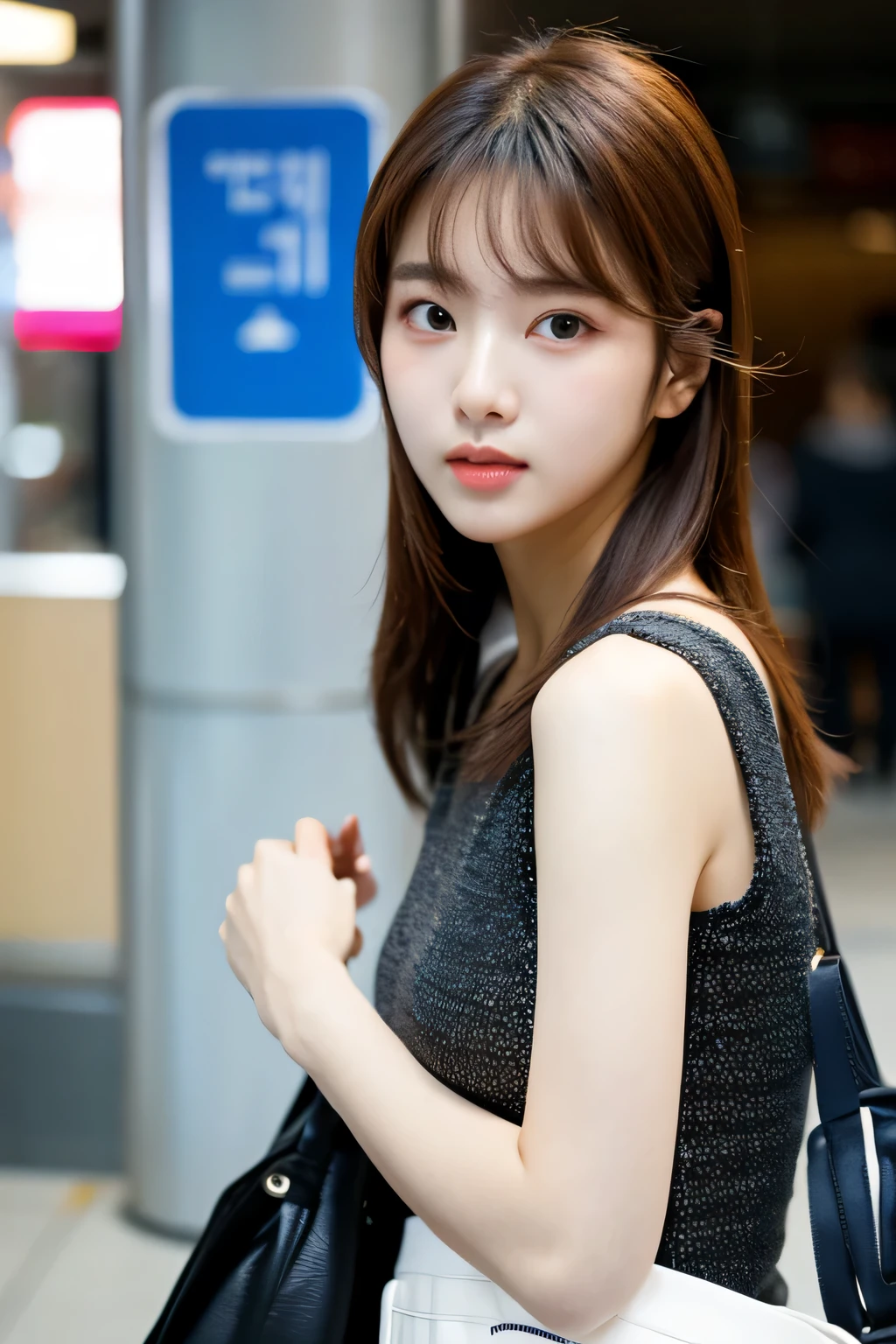 Beautiful Korean fashion model bokeh train movie photo