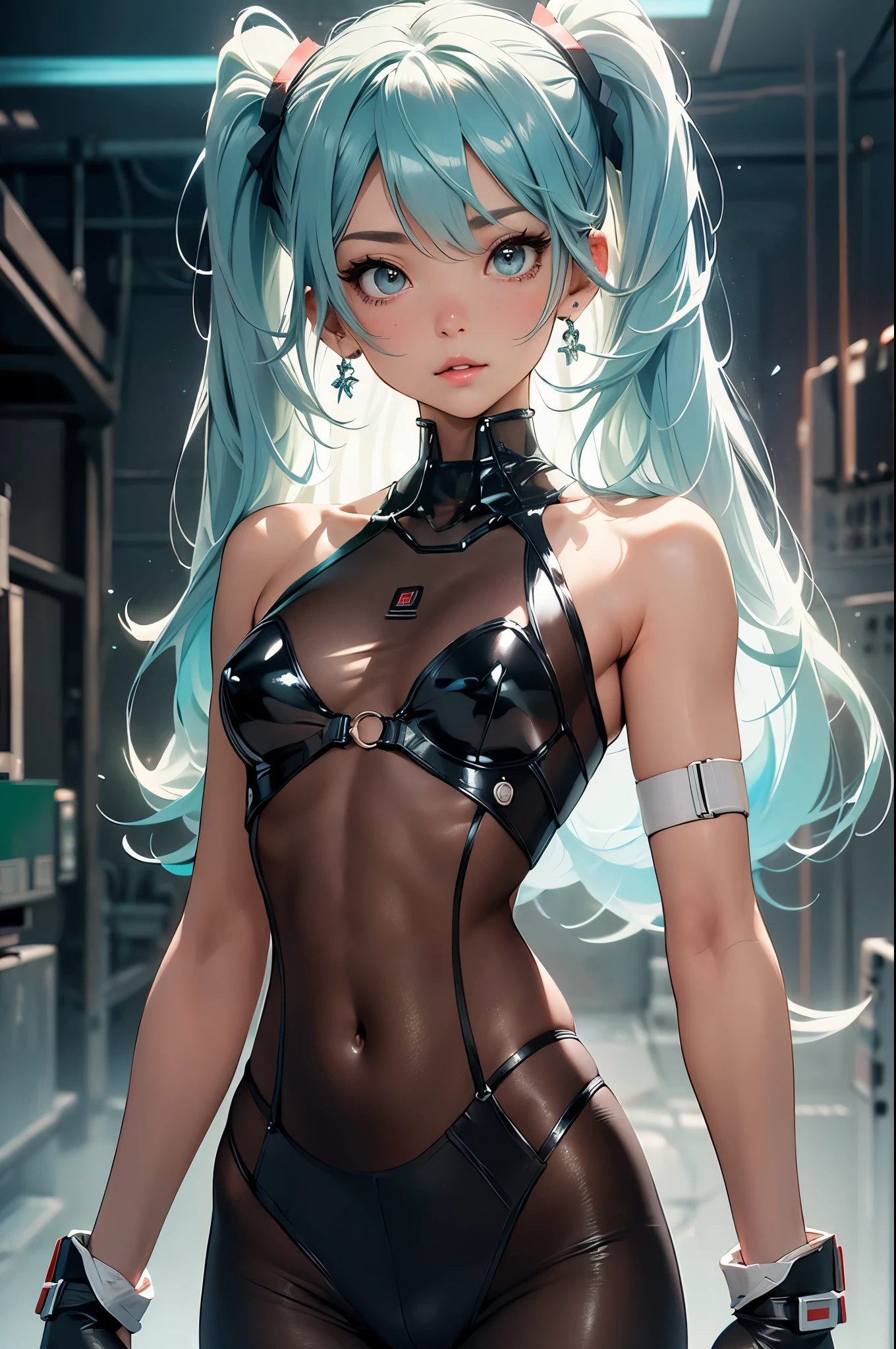 (quality)), ((masterpiece)), Recommended results、Puffy nipples、(see through:1.5)、straighten your back、abdominal muscles、huge bust、angle to floor:1.2、low camera angle、Hair loss on crotch,Hatsune Miku,the best, masterpiece, high resolution, the best Quality, ultra high definition, Super details, The award-winning, 16k, (Upper body), beautiful girl, Hair, Hanging corners, White skin, (small), (slim), ((Full-face military biochemical protective clothing)), earrings, , (Short gloves as short as half the palm of your hand)