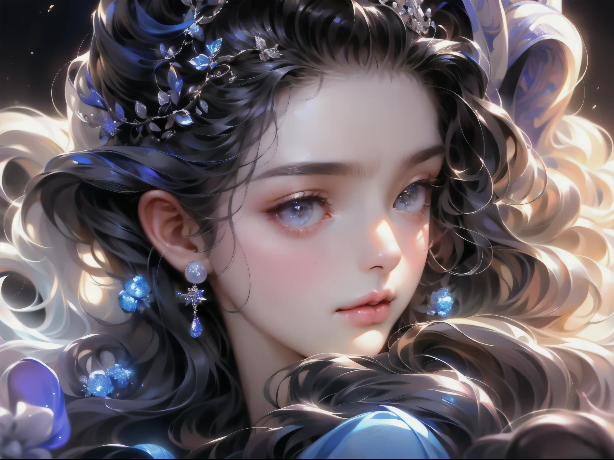1 ,face close-up,Chubby little face,big round eyes,curls,long hair,Q版avatar,Cute,cute style,Delicate and delicate,avatar,Head close-up,Black light background