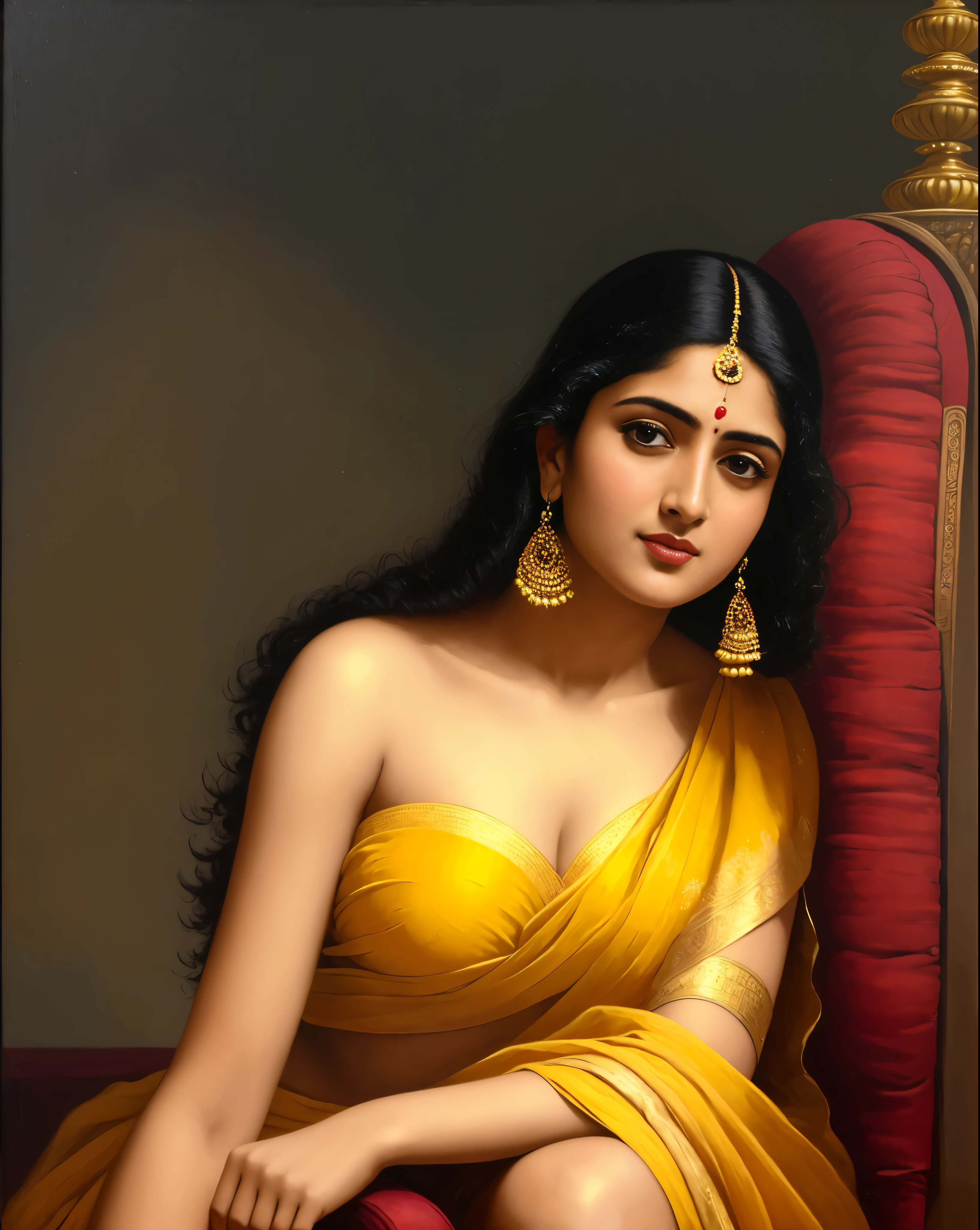Masterpiece,8k uhd, hdr, realistic, hyper realistic, intricate, vibrant colour, painting of a woman in a yellow sari sitting on a chair, traditional beauty, inspired by Raja Ravi Varma, indian art, by Raja Ravi Varma, painting of beautiful, inspired by T. K. Padmini, painting of a woman, by Sardar Sobha Singh, gorgeous woman, oil on canvas painting, traditional painting, oil-painting