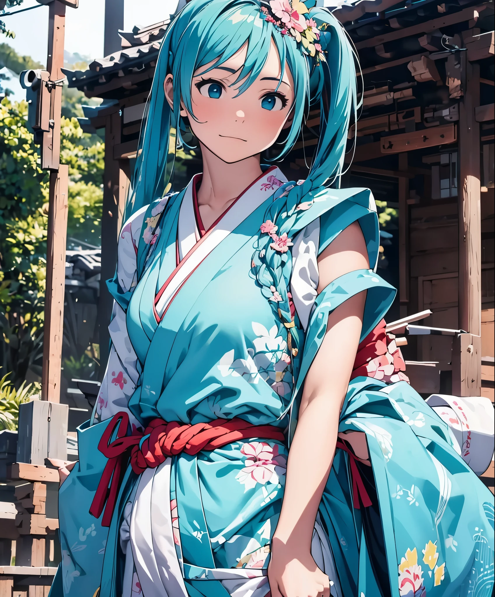 (masterpiece), (highest quality), ultra high resolution, sharp focus, ((1 female, alone)), Upper body, Hatsune Miku,Beating Japanese drums,hakama,Sarashi,Standing in honor, perfect feminine face,stage,beautiful breasts