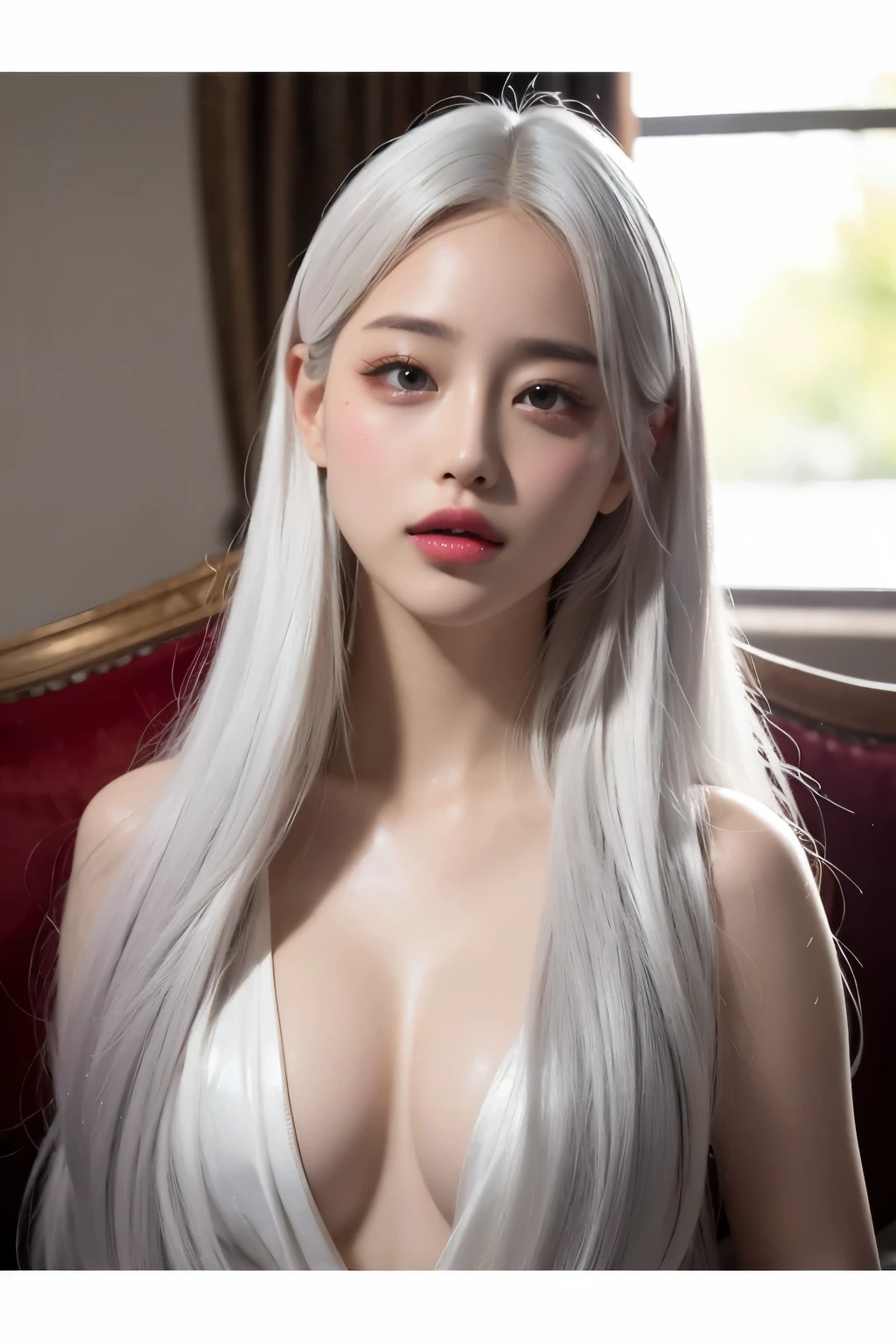 realistic, High resolution, 1 female, glowing skin, alone, wide lips,long hair,straight hair,saggy breasts,small face,white hair,Color Contacts,Trendy fashion,Full body coordination daytime,realistic skin texture,Real,K-pop Idol