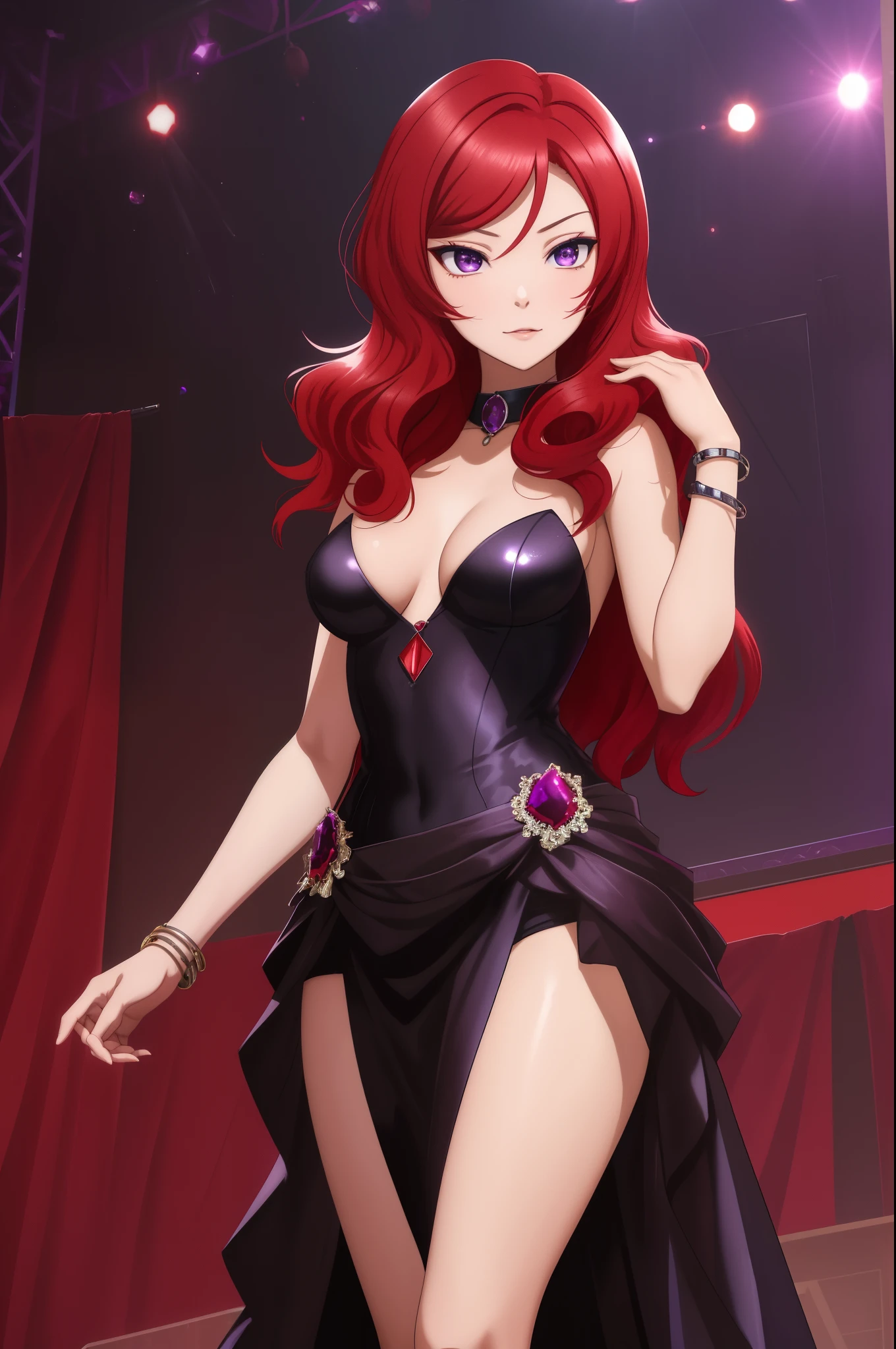 masterpiece, best quality, (1girl:1.000), (bracelet:1.000), (nishikino maki), (red hair:0.987), (purple eyes:0.976), sleek black dress that hugged her curves , paired with simple yet elegant silver jewelry. Her hair was styled into loose waves, falling halfway down her back