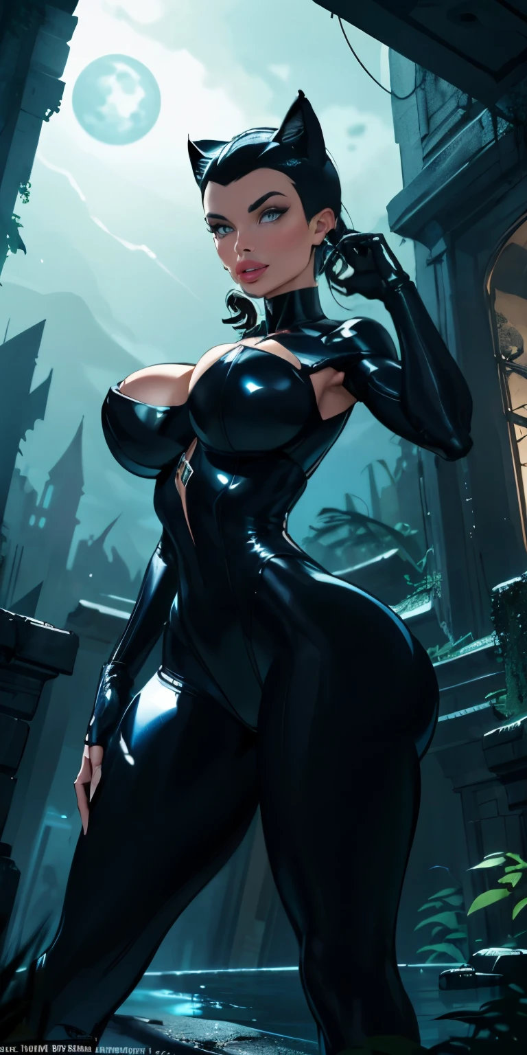 Lean fit catwoman girl from the dark knight stands imposing in a gothic lost city. Moonlight highlights her fit and lean figure. The scenery is lush and mysterious, with futuristic tech and surroundings. The camera details everything.