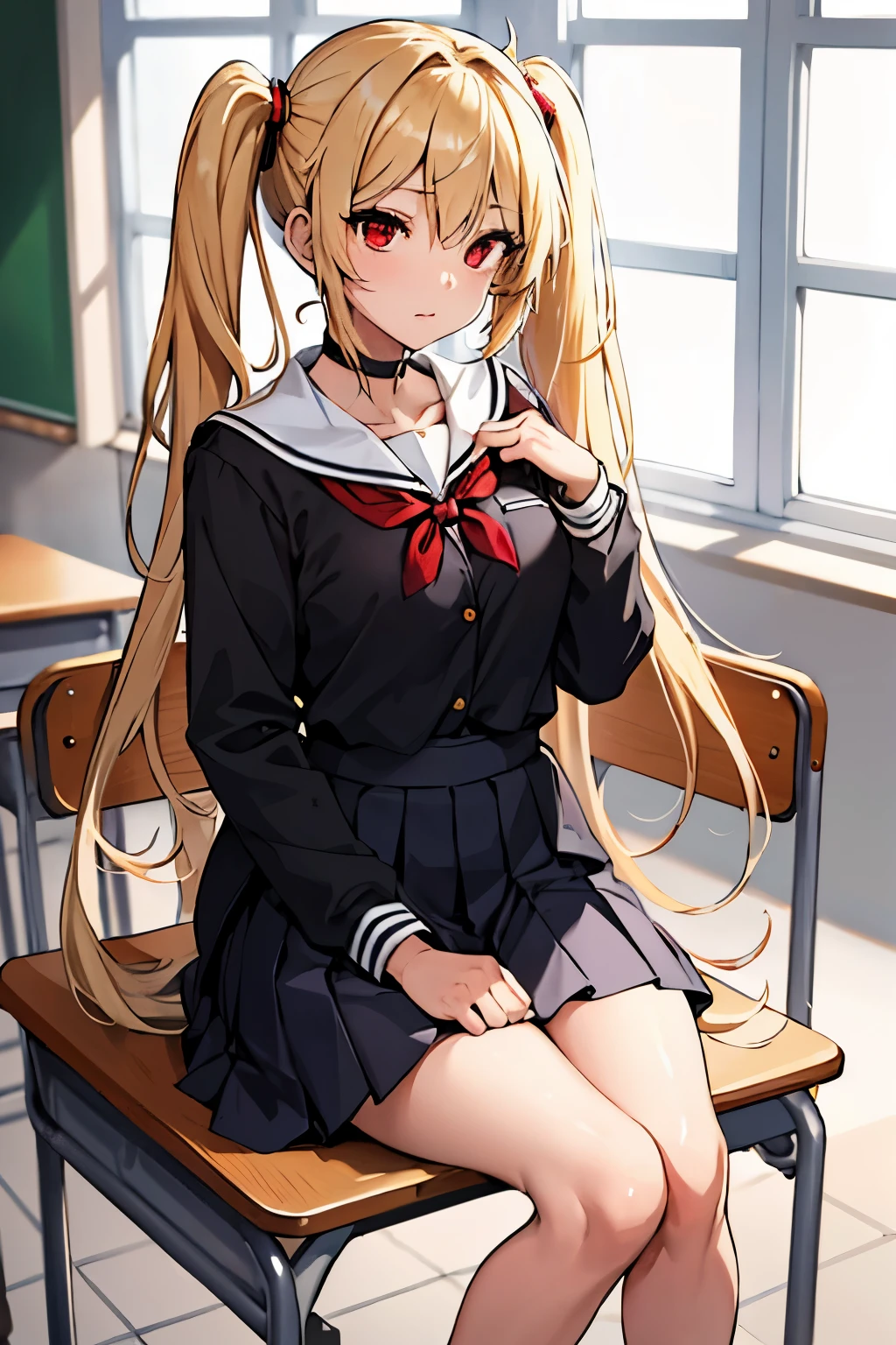 (masterpiece: 1.2, best quality), 1 lady, solo, school uniform, classroom, day, sit, blonde, twintails, red eyes, open collarbone, dark skin, (open breasts: 1.1),