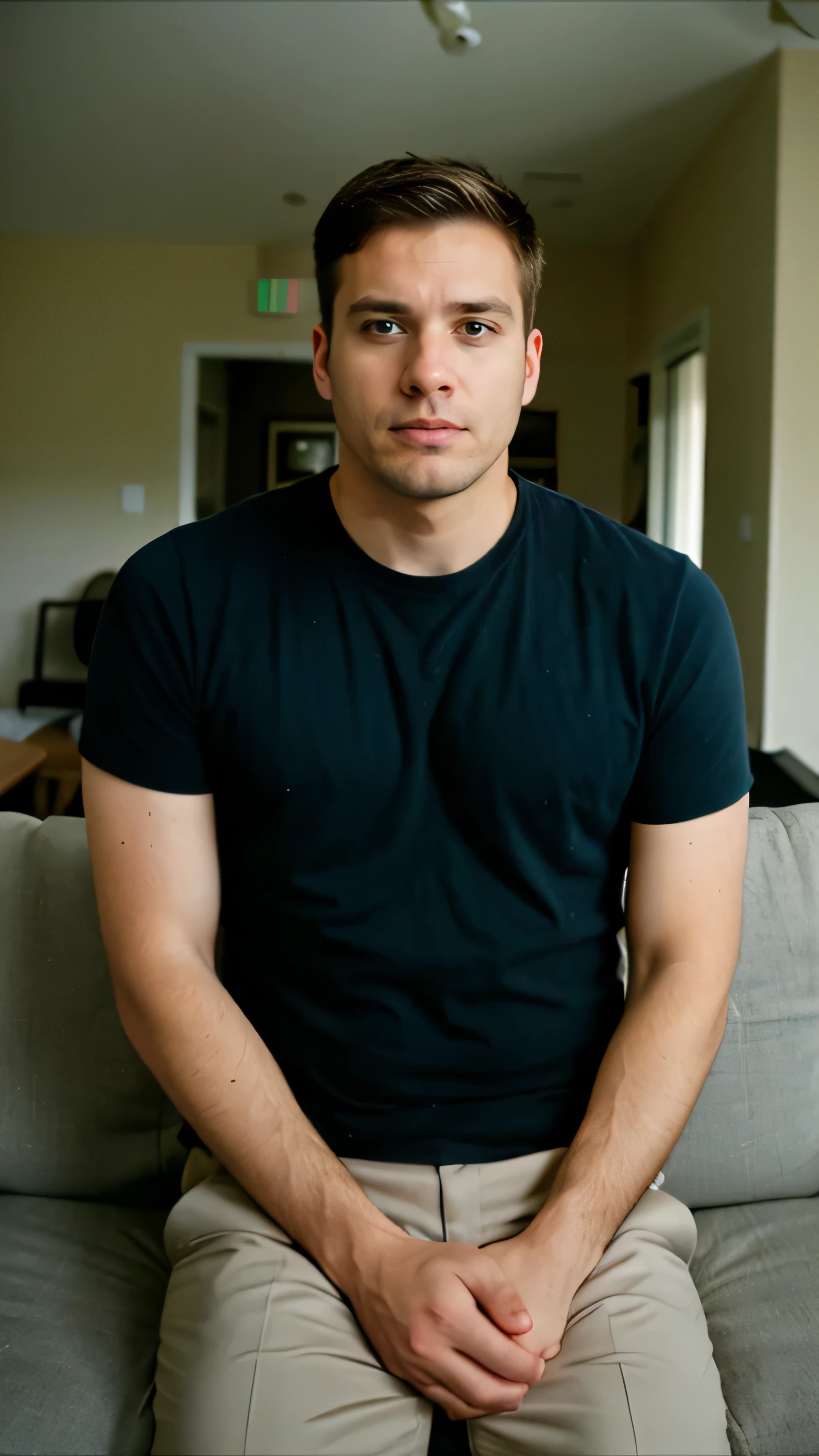 The visually impaired man patiently waiting in the living room, showcasing his anticipation.