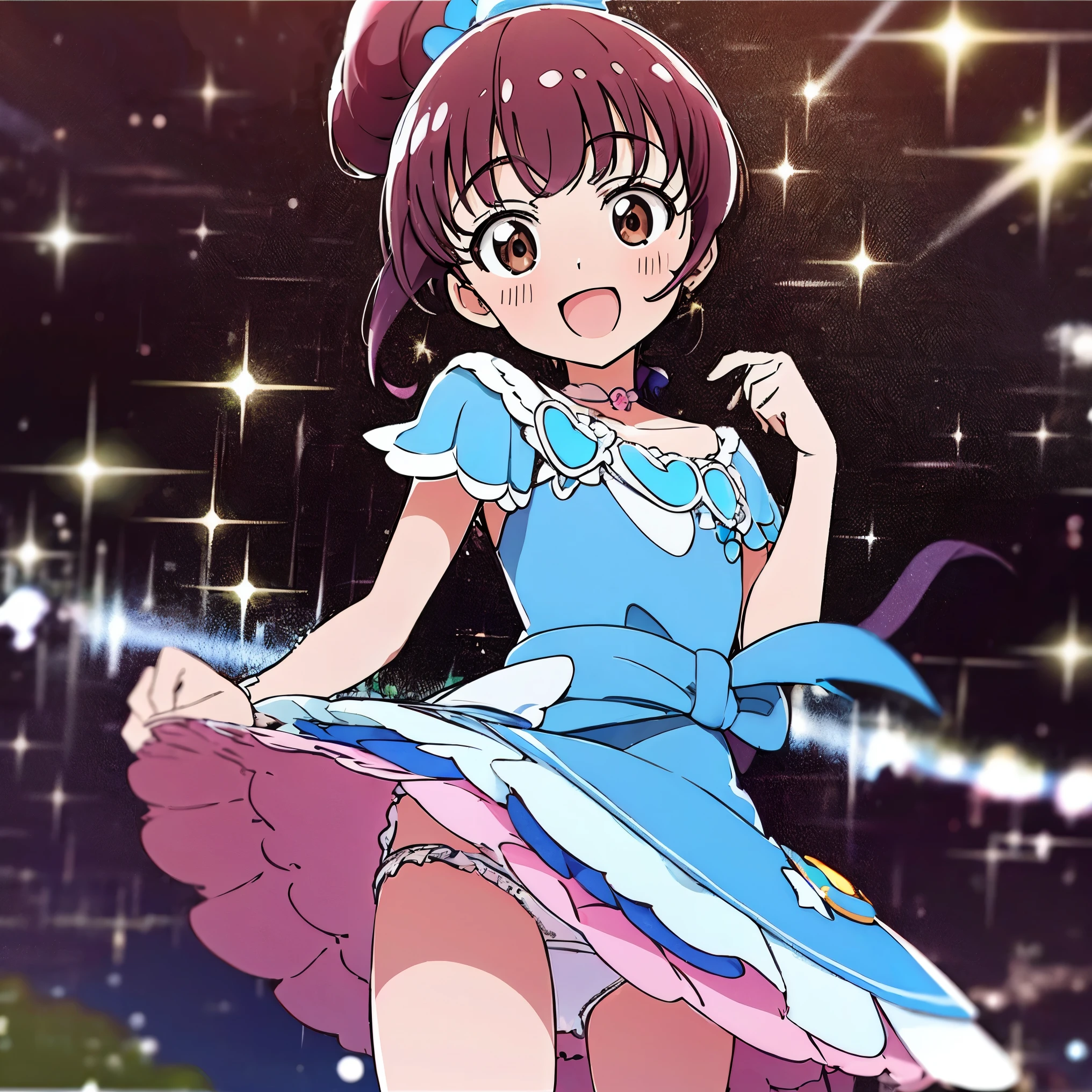 shot from the side、cowboy shot、(highest quality,High resolution,masterpiece:1.2),alone、official art、Precure、black hair、brown eyes、Magical girl clothes based on pink and yellow、intricate decoration、cute、obedient、brown hair、timid、alone、Bright park background、bright background、Skirts that flip up in the wind、((knees up,forward leaning posture、jump、bring your knees and chest closer together))、bright background、Chiho, Yoshitomo Nara, narumi kakinouchi, (panty shot)