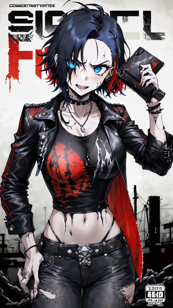 ((((dramatic))), (((gritty))), (((intense))) photo featuring a teenage girl with emo semi-short red hair with ahoge and blue eyes as the central character. She stands confidently in the center of the poster, wearing a red leather jacket with a black shirt underneath, black pants, a spiked choker, a necklace with three roses and gothic accessories, with a happy expression on her face. The background is dark and gritty, with a sense of danger and intensity. The color palette is mainly dark with splashes of vibrant colors, giving the poster a dynamic and visually striking appearance, tachi-e, (cover-style:1.3), fashionable, woman, vibrant, outfit, posing, front, colorful, dynamic, background, elements, confident, expression, holding, statement, accessory, majestic, coiled, around, touch, scene, attention-grabbing, stylish, catchy, larger, striking, modern, trendy, focus, fashion,