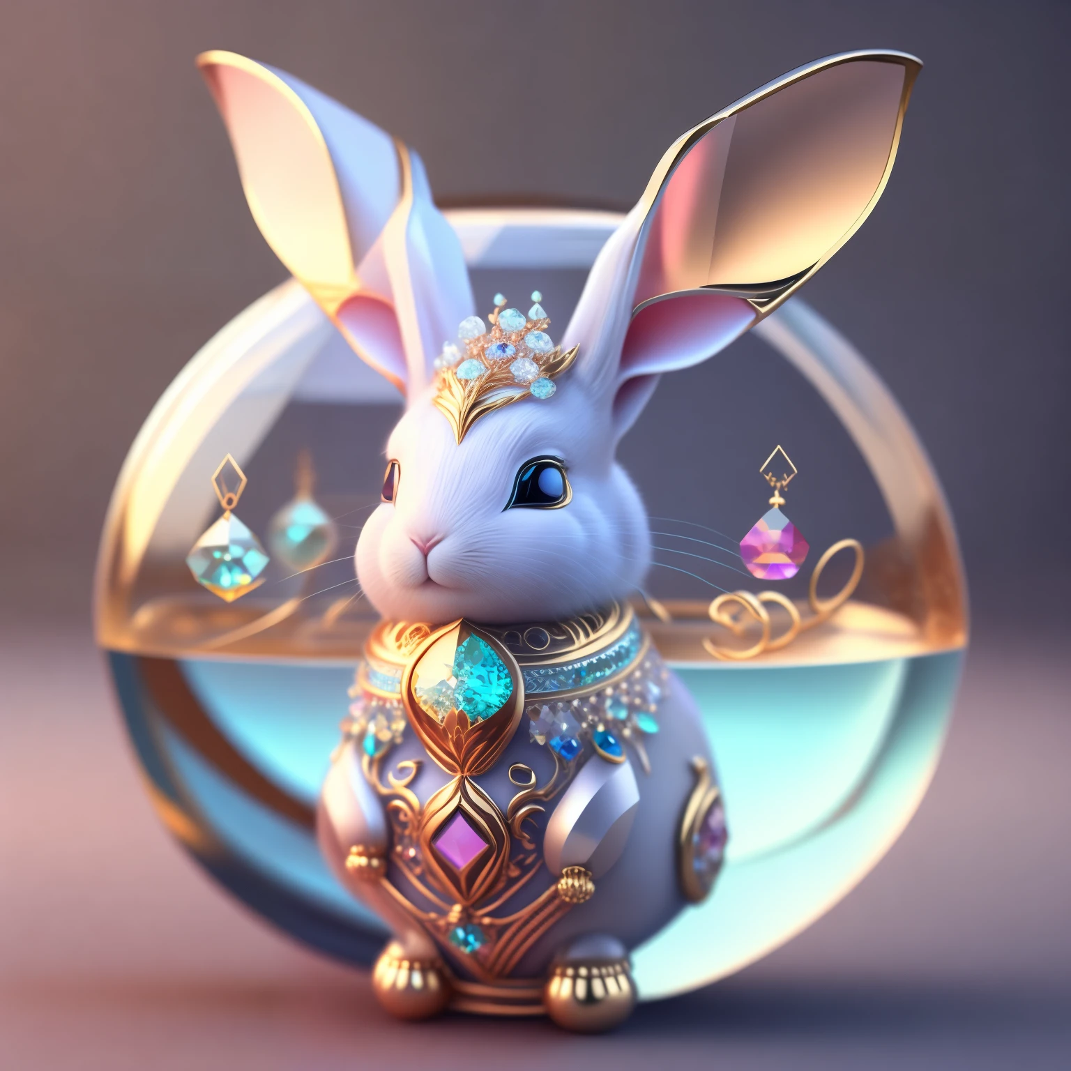 Cute crystal ball zodiac rabbit,Embellished with various jewelry pieces and low-poly eye designs, is a highly detailed and complex concept art piece using Artstation 8k quality.
