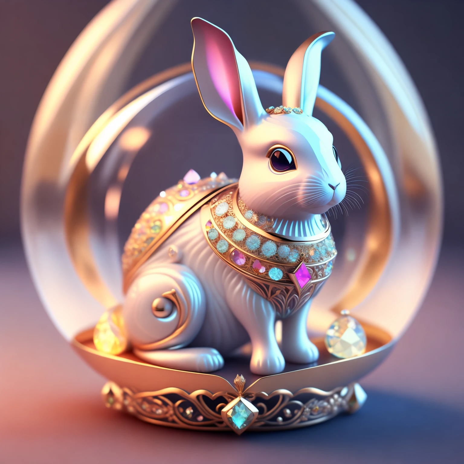 Cute crystal ball zodiac rabbit,Embellished with various jewelry pieces and low-poly eye designs, is a highly detailed and complex concept art piece using Artstation 8k quality.