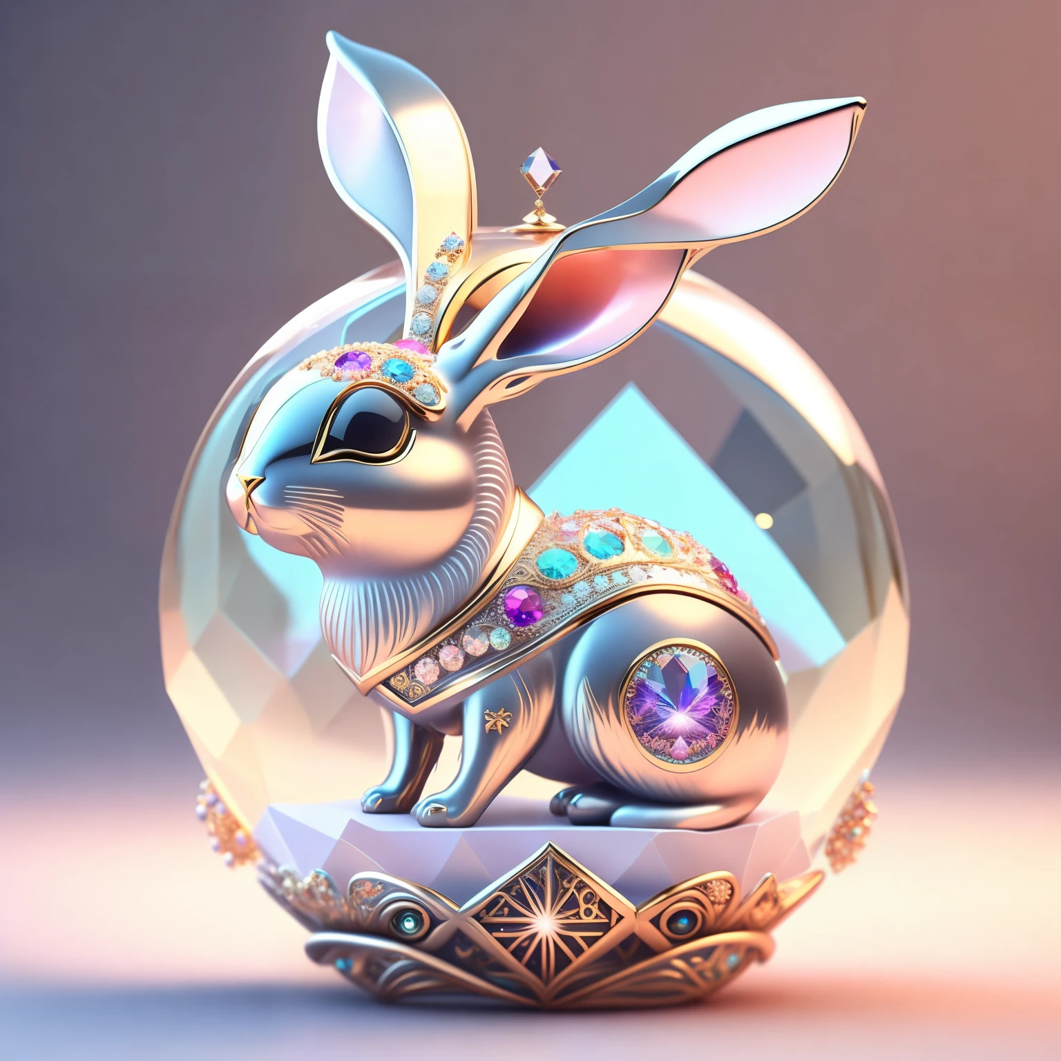 Cute crystal ball zodiac rabbit,Embellished with various jewelry pieces and low-poly eye designs, is a highly detailed and complex concept art piece using Artstation 8k quality.