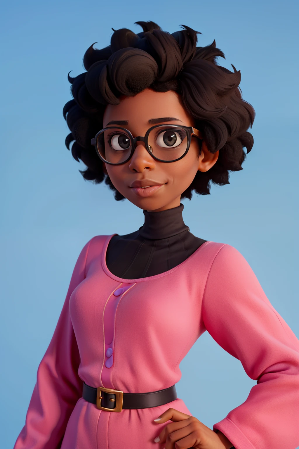 disney picture of 5 beautiful 30 years old black lady with stunning very short afro hair,wearing frame glasses,wearing turtle neck,front facing,looking straight in to the camera,with different facial expression
