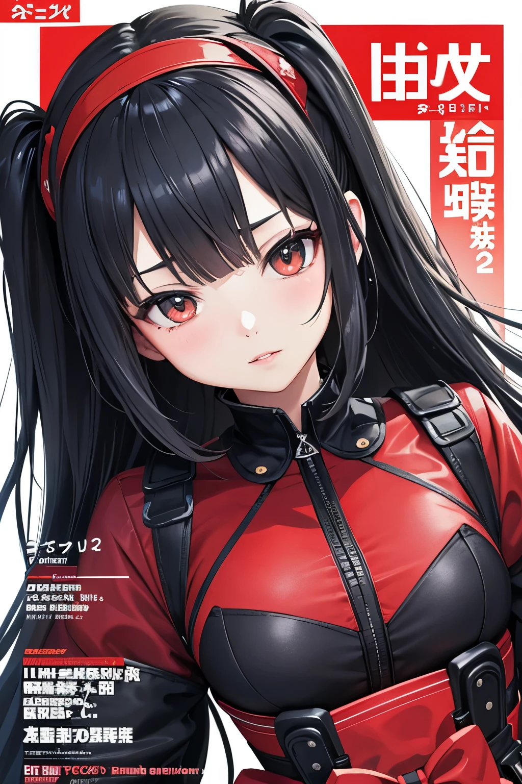 Anime girl gracing the cover of McM G2 magazine, boasting a hair style accessorized with a headband, portrayed in the meticulous style of mechanized precision. The color palette harmoniously blends light black and vibrant red, embracing the neo-academic and necropunk ethos. The distinctive noses, an intriguing feature, are suspended or hanging, reflecting the intricate machine aesthetics. This top-quality, ultra-high resolution output image imbues the Anime Fantasy genre with a unique 8k quality and Ultra HD Image Mode, signifying the distinct blend of sea art 2.1 and Japan's rich,