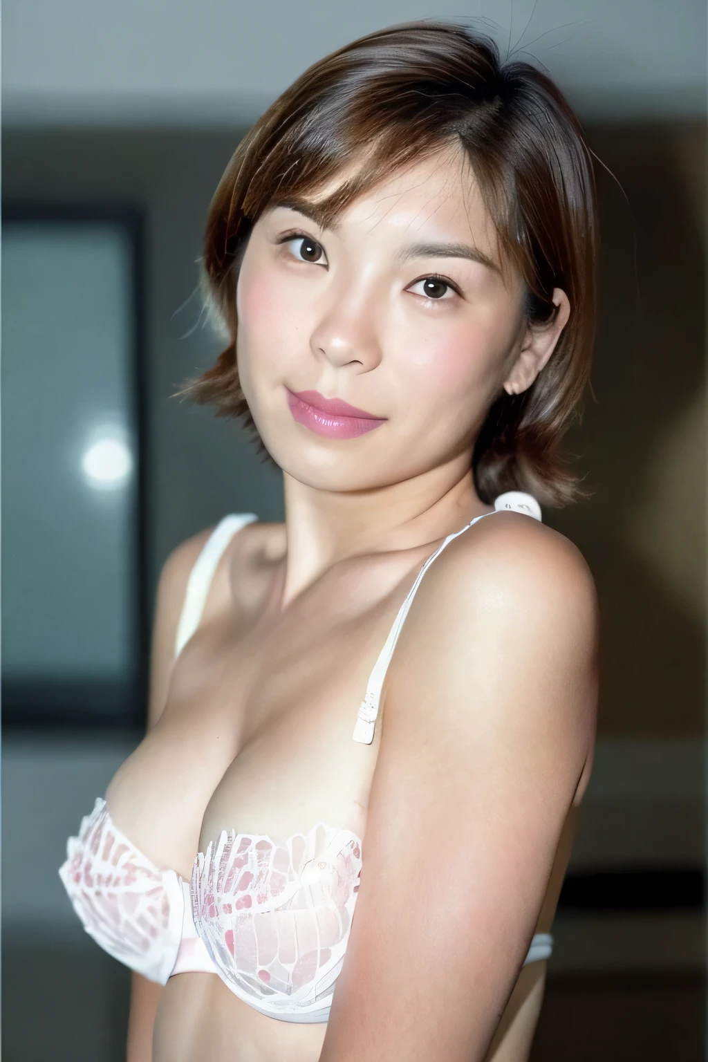 friend,Outdoor photography:1.3,((highest quality、8K resolution、master masterpiece、portrait:1.3)), Photoreal, 35mm film, 1 Japanese female, Upper body,Beautiful woman, On the street in the daytime, wrinkles around the eyes, plump body,smile、bangs,((micro bikini:1.3)) , (on the city street: 1.3), jumbled background,look at the audience