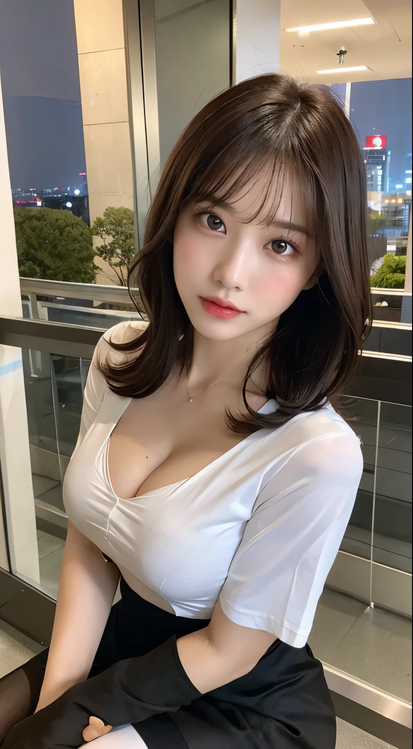 ((highest quality, 8K, masterpiece :1.3)), whole body, sharp focus :1.2, beautiful woman with perfect figure :1.4, thin abs :1.2, ((dark brown hair, big breasts :1.2)), Body dress :1.1, (View of the city at night, Modern balcony :1.1), Highly detailed face and skin texture, fine eyes, double eyelid, small bust, OL uniform, office Wear, white t-shirt, exposed cleavage, (black pantyhose), (No panties), interior scene, office,Japanese