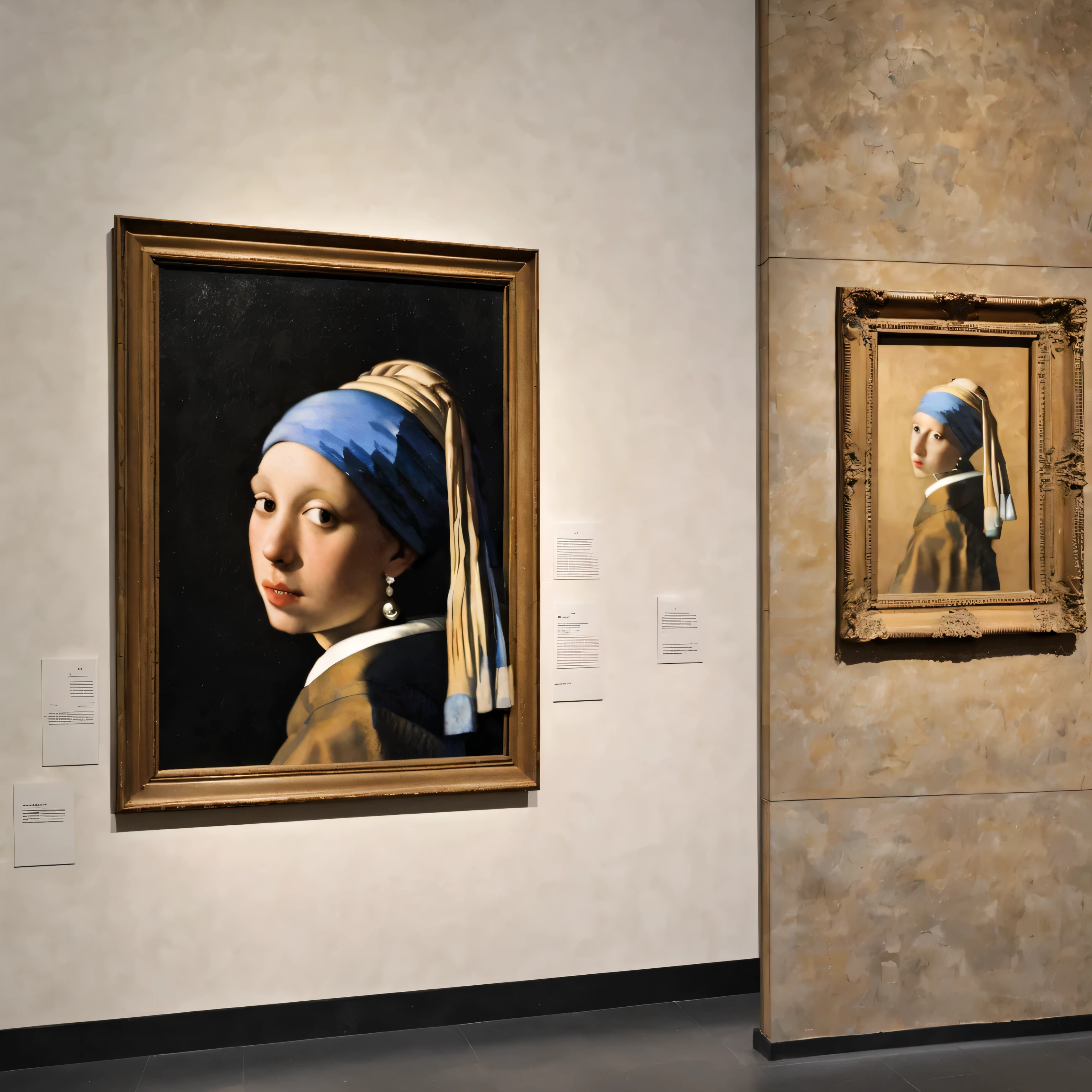 wall in a museum, with 2 paintings of the Girl with a Pearl Earring by Johannes Vermeer, hanging on the wall