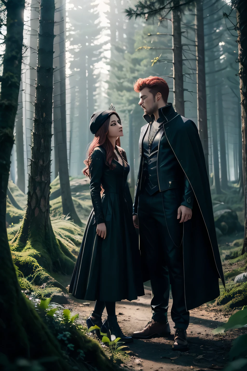 About exciting, photorealistic dark fantasy scene, portray a young vampire and her companion, young guy with red hair, full length and far away.
The stage is flooded with a mysterious light, and details are drawn with unprecedented clarity, using double exposure technique. womanly, but the dark color palette harmoniously combines unearthly beauty and mesmerizing horror. The environment is thought out to the smallest detail, its clear contours emphasize the grandeur and atmosphere of admiration. Style - realism, and the combination of artistic techniques must be impeccably smooth and seamless.. Rendering - high quality, in Octane style. Permit - 32k.
The action takes place in a magical forest., which glows thanks to the magical plants growing in it. Under the night starry sky, the vampire and her companion are resting.
The vampire is wearing a long blue dress with lace and a high collar... A necklace of precious stones sparkles around her neck.. Her hair is down and fluttering in the wind. The guy is wearing a dark jacket and trousers.. Knitted hat on head.. His hair is short and red.
The magical forest is filled with an atmosphere of mystery and magic.. Trees are tall and slender, their crowns are decorated with luminous flowers. Mosses and lichens grow on the ground, which also glow in the dark. The starry sky is bright and twinkling.
This scene creates a feeling of calm and tranquility.. The vampire and her companion are relaxing in this magical place, enjoying friend
