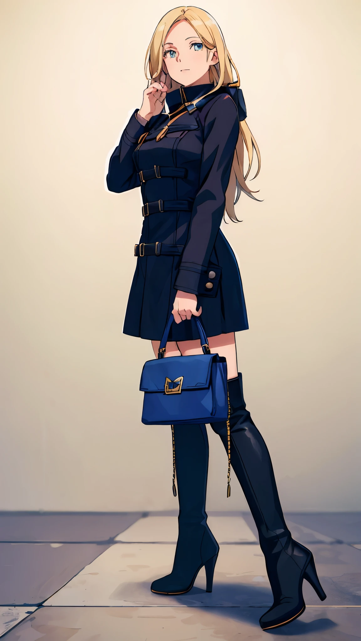 An anime-style illustration of a girl wearing a short dress and boots, in the style of Marin Kitagawa's fanart. The illustration is a full-body shot, created in an anime art studio. The girl has long blonde hair. The artwork is a detailed portrait emphasizing the character's entire body. The illustration is done in a style that is characteristic of anime. The girl is wearing a black dress. The picture is of the highest quality, with a resolution of 4k or 8k. It is ultra-detailed and realistic, with professional studio lighting and vivid colors. The overall color tone is vibrant and lively. The lighting enhances the details and brings out the character's features, giving the artwork a photorealistic feel.