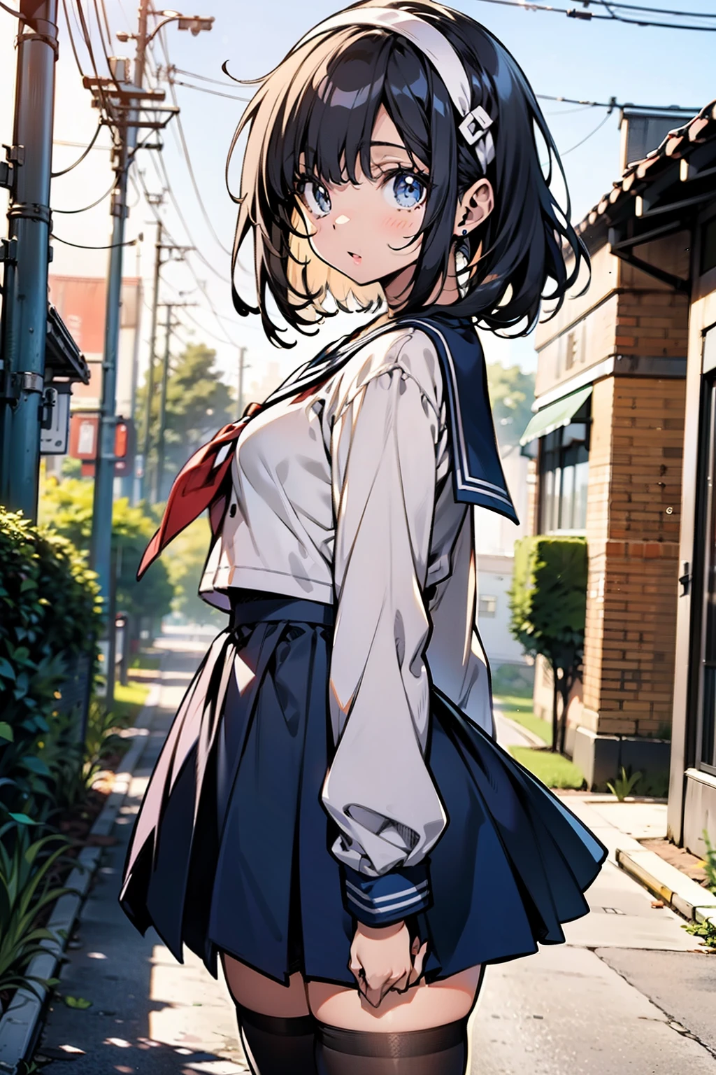 Body 8 times longer than head, (High-definition CG Unity 8K), (highest quality)，(very detailed)，(ultra high resolution), black hair, High school girl wearing a navy sailor suit, anime 2d rendering, realistic young anime , ((white headband)), small breasts, tall, slanted eyes, (school scenery), black stockings, during the day, open your mouth a little, Dark blue skirt, braid hair,  Skip, 