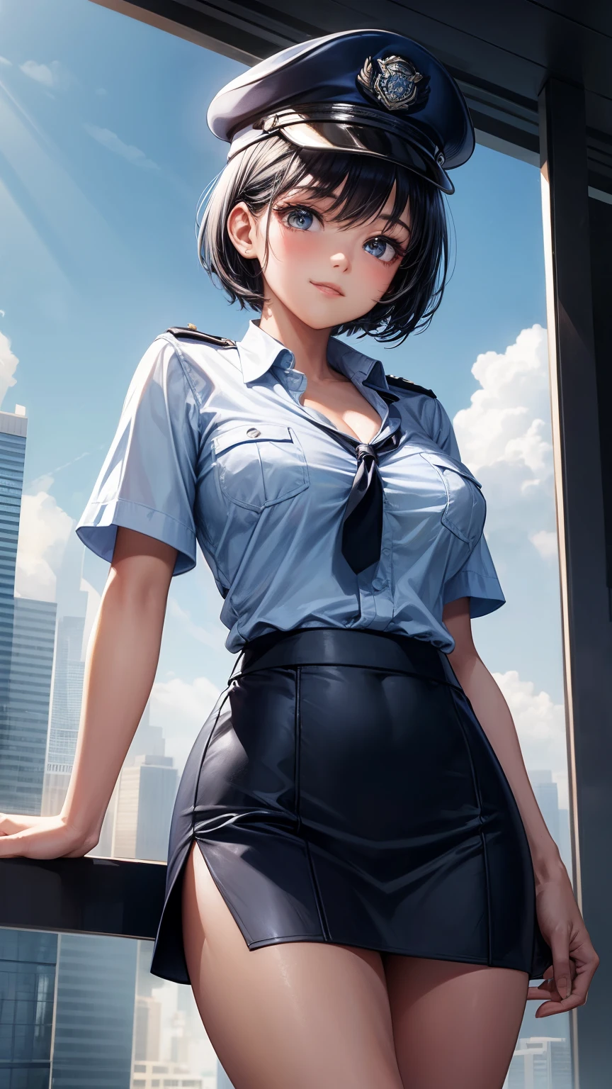 highest quality, masterpiece, 1 girl, light smile, dramatic lighting, from below、police uniform、Light blue short-sleeved shirt、black tie、Police Officer Cap、navy blue mini skirt、cleavage、silver short hair、Miniskirt Police、Skyscrapers