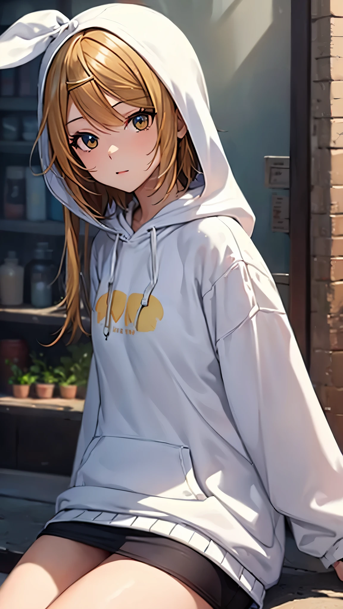 Kagamine rin , 1 girl , wearing a red hooded sweater , white miniskirt with gold horizontal lines , viendo al espectador , bragas visibles , rostro seductor ,(imagen de ultra alta calidad 8k ) obra maestra ( high-definition picture ) , maximum image resolution , ( detalles de la imagen bien definidos )