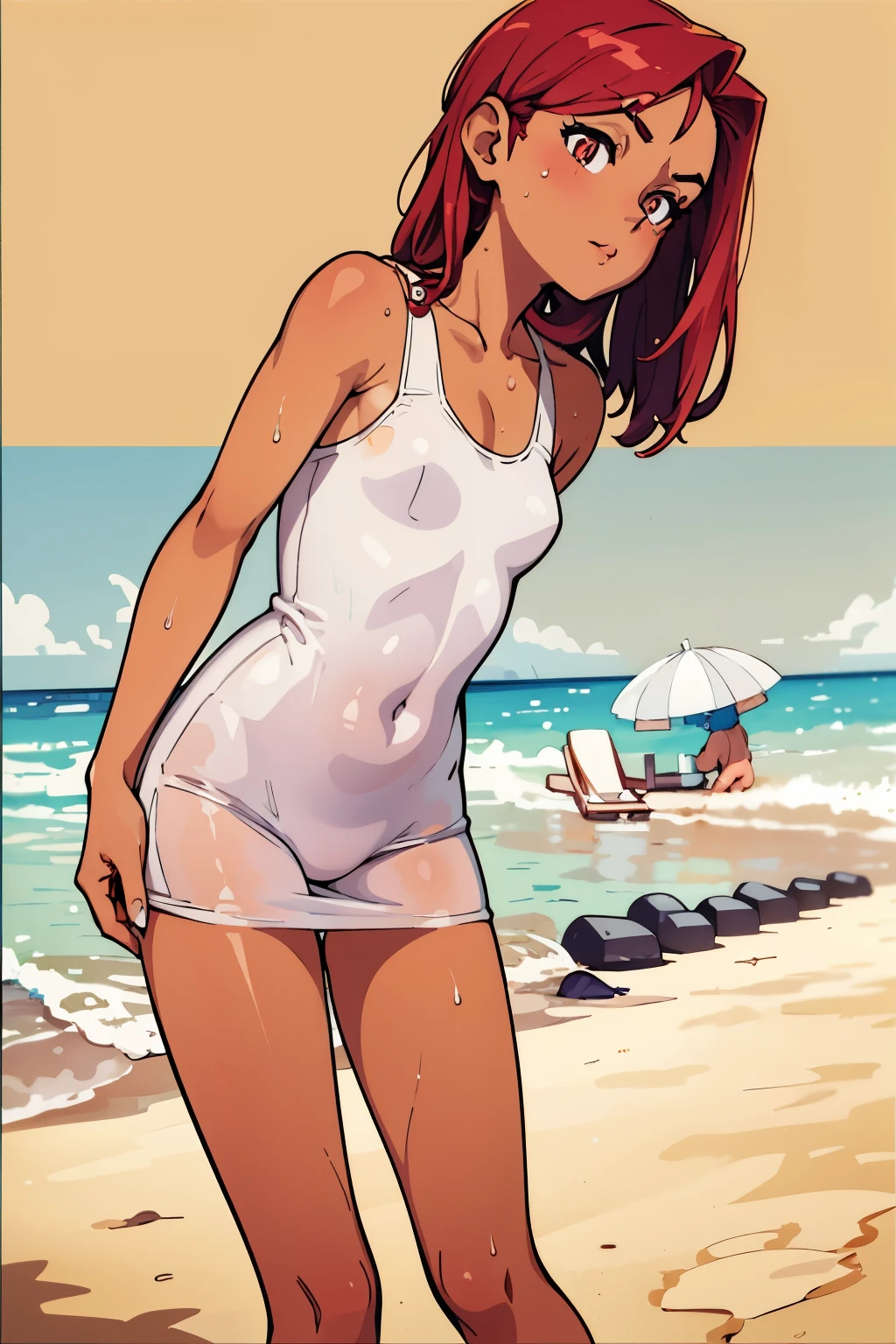 anime girl in white dress on beach with umbrellas in background, in the beach, swimsuit, inspired by Tomer Hanuka, otto schmidt, girl on the beach, bathing suit, beautiful comic art, wet swimsuit, at the beach, cute girl wearing tank suit, by Tomer Hanuka, at a beach, on a beach, standing at the beach